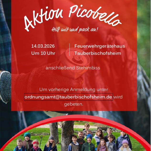 Dieser Alternativtext wurde KI-generiert: Ein roter Werbeflyer mit weißer Schrift kündigt eine Aktion an. Darunter ist eine Aufnahme einer Gruppe von Menschen im Freien zu sehen.