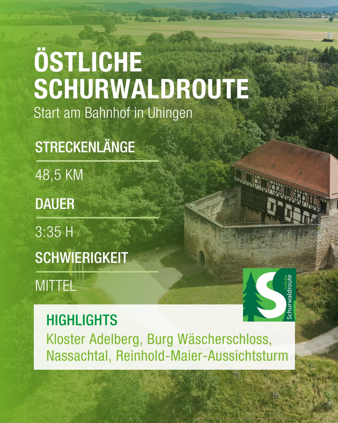 Ein grüner Werbeplakat mit Textinformationen über eine Wanderroute. Im Hintergrund ist eine Landschaft mit einem Gebäude und Bäumen zu sehen.