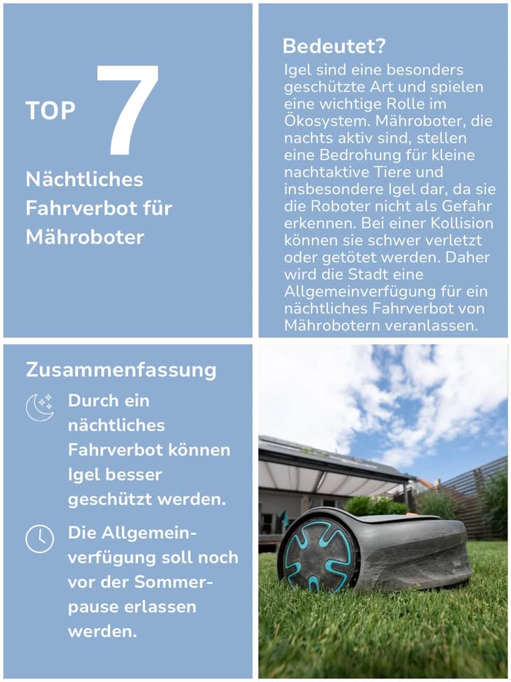 Infografik mit der Überschrift „TOP 7: Nächtliches Fahrverbot für Mähroboter“. Der Text erklärt, dass Mähroboter nachts Igel gefährden und die Stadt daher ein Fahrverbot veranlassen wird. Eine Zusammenfassung betont den Schutz der Igel und den geplanten Erlass der Verordnung vor der Sommerpause, begleitet von einem Foto eines Mähroboters auf einer Wiese. (KI-Alternativtext)
