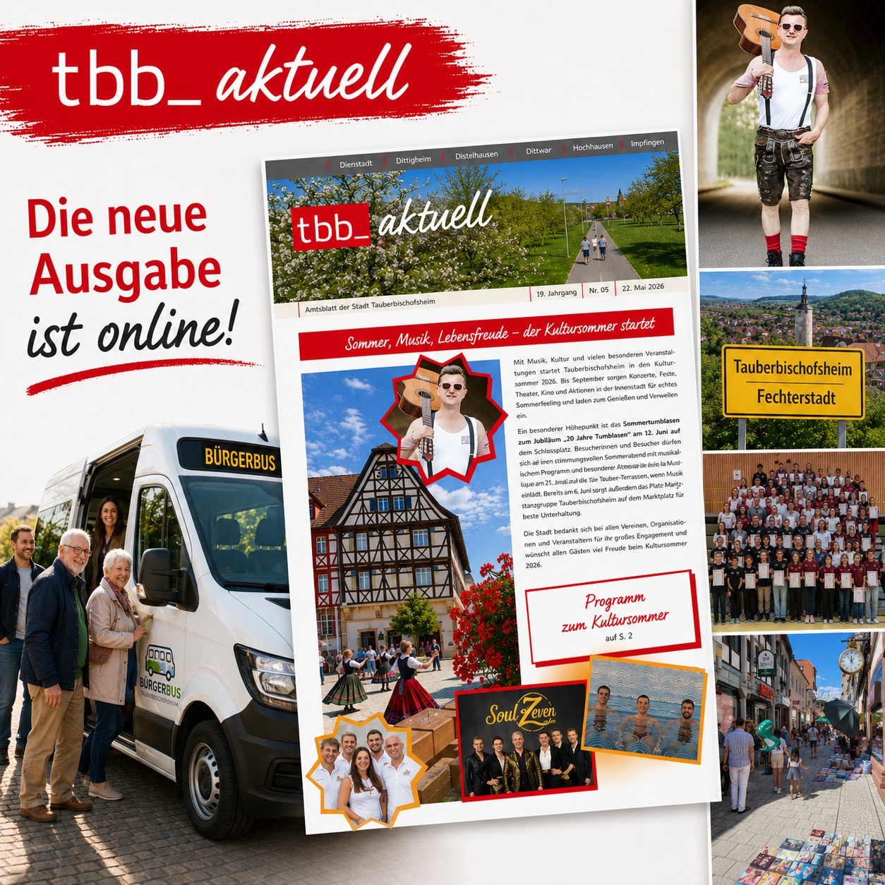 Werbegrafik für die Online-Ausgabe von „tbb_aktuell“, dem Amtsblatt der Stadt Tauberbischofsheim, mit Vorschau auf die Kultursommer-Veranstaltungen 2026, darunter ein Bürgerbus, eine Gruppenfahrt, ein Musiker in Tracht, ein Ortsschild, eine Gruppenfoto und eine Straßenszene mit Marktständen. (KI-Alternativtext)