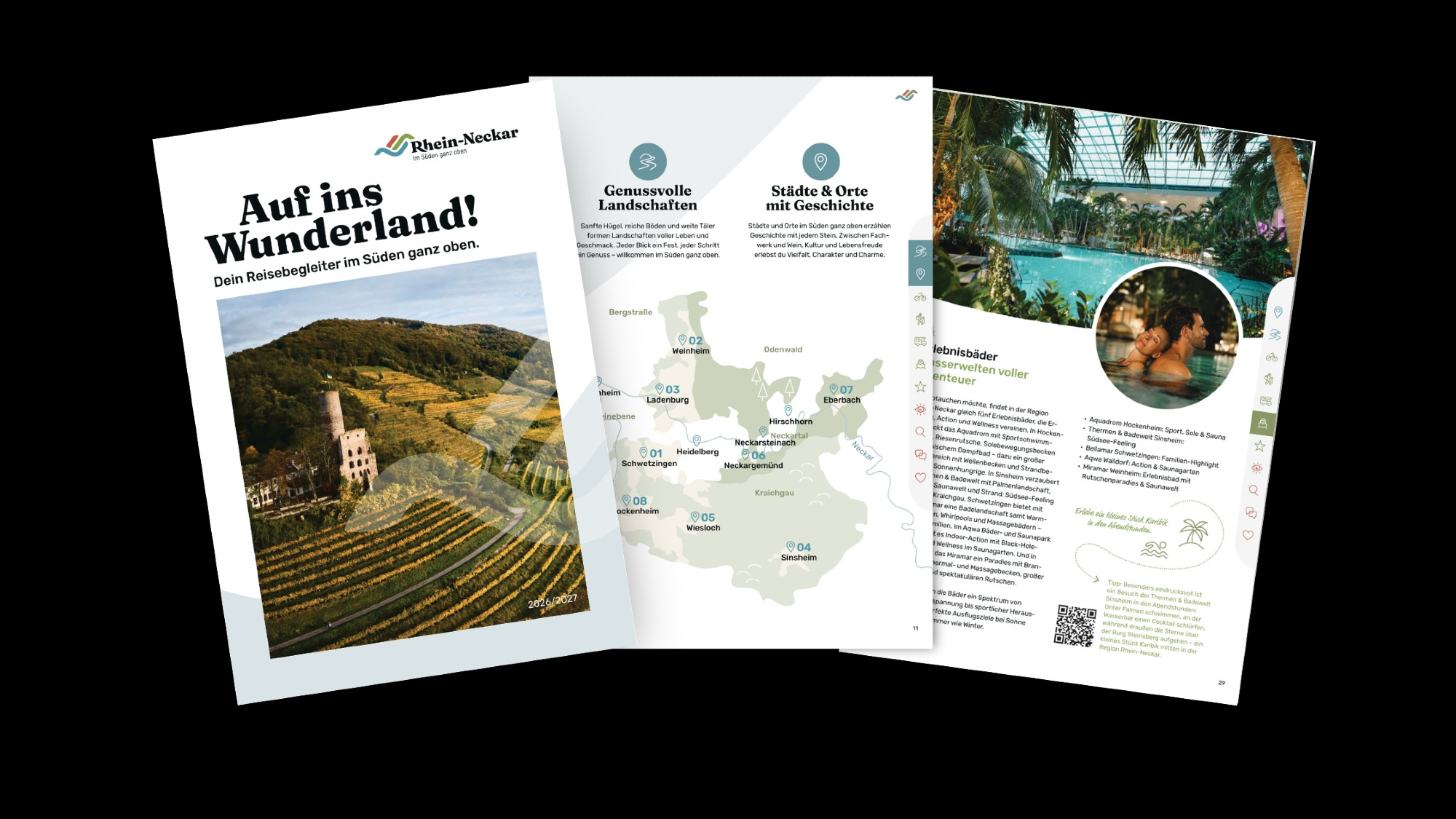 Dieser Alternativtext wurde KI-generiert: Eine farbige Broschüre zeigt eine Landschaft mit Bergen und einem See. Die Broschüre enthält Text und eine Karte der Region.