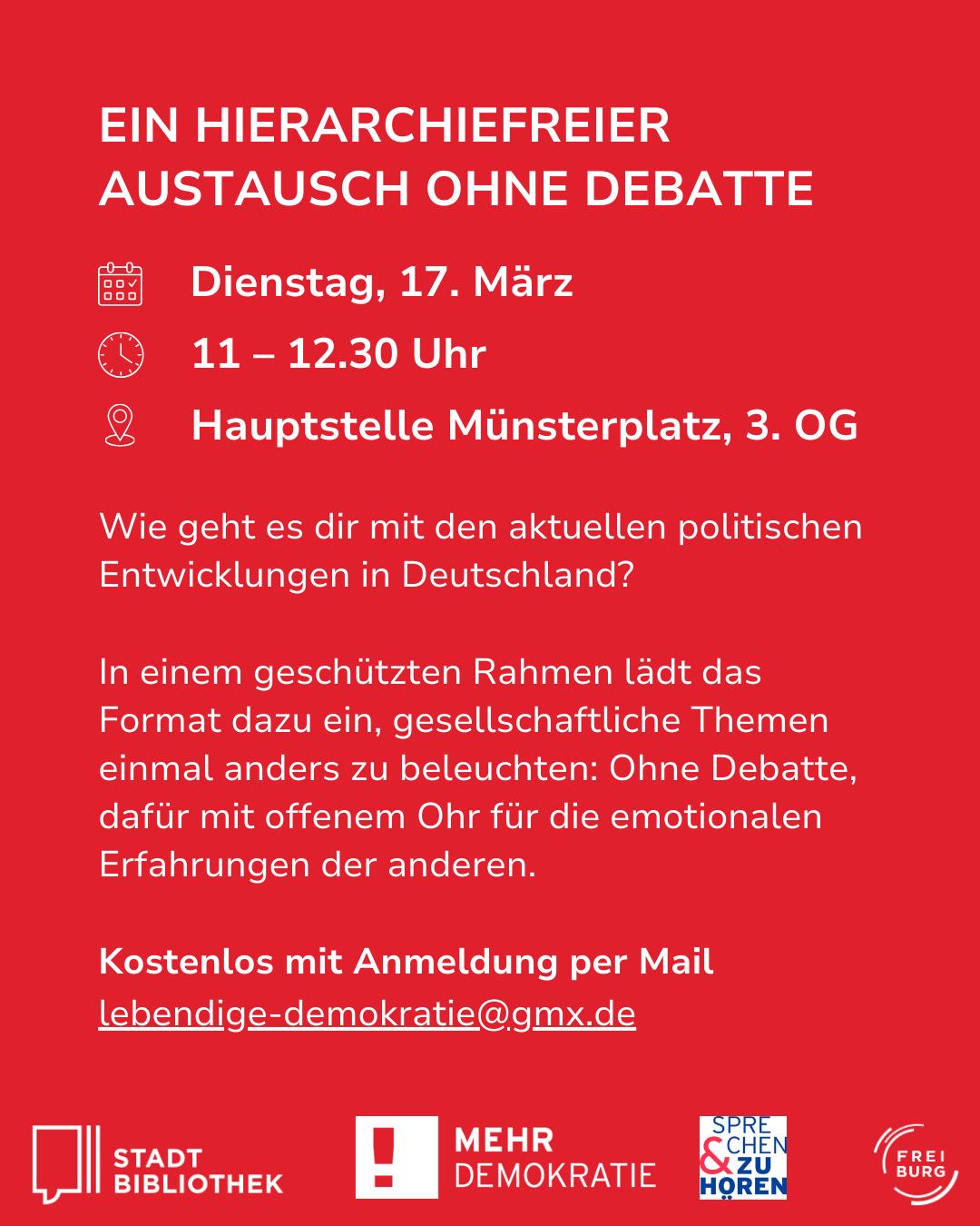 Dieser Alternativtext wurde KI-generiert: Ein farbiges Werbeplakat kündigt eine Veranstaltung am Dienstag, den 17. März, von 11 bis 12:30 Uhr an. Es bewirbt einen Austausch über aktuelle politische Entwicklungen in Deutschland.