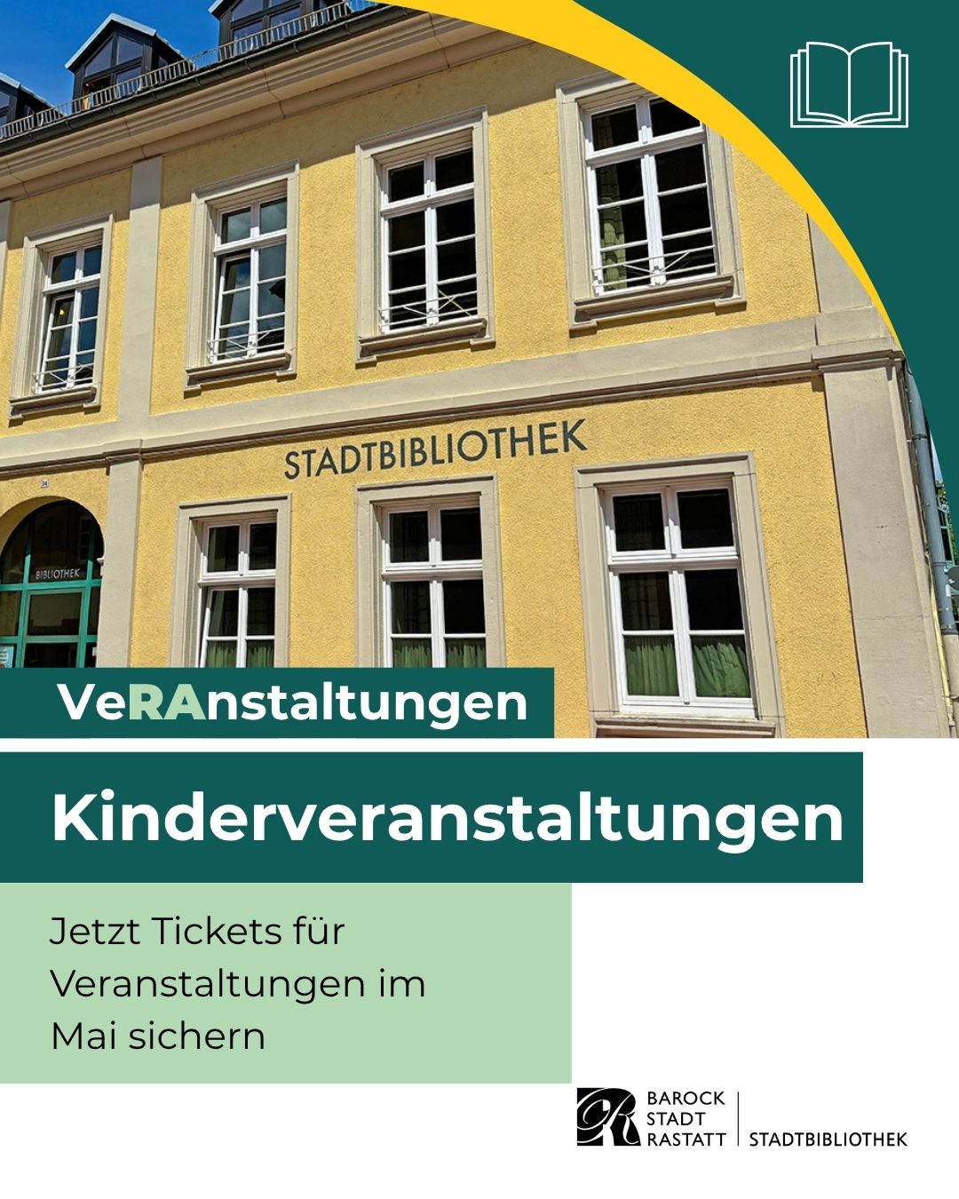 Dieser Alternativtext wurde KI-generiert: Ein Gebäude mit mehreren Fenstern und dem Schriftzug einer Bibliothek. Unterhalb sind Werbeanzeigen für Veranstaltungen im Mai zu sehen.