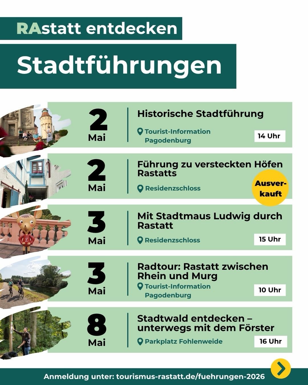 Dieser Alternativtext wurde KI-generiert: Werbeanzeige für Stadtführungen in einer Stadt. Das Farbschema ist überwiegend grün, gelb und weiß, mit Informationen zu Daten, Uhrzeiten und Treffpunkten der Führungen.