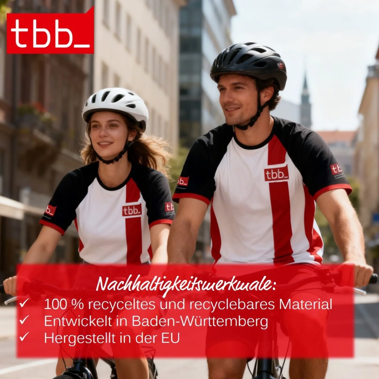 Dieser Alternativtext wurde KI-generiert: Zwei Personen fahren auf Fahrrädern, beide tragen rote Sportkleidung mit einem Logo. Im Hintergrund ist eine städtische Umgebung zu sehen.