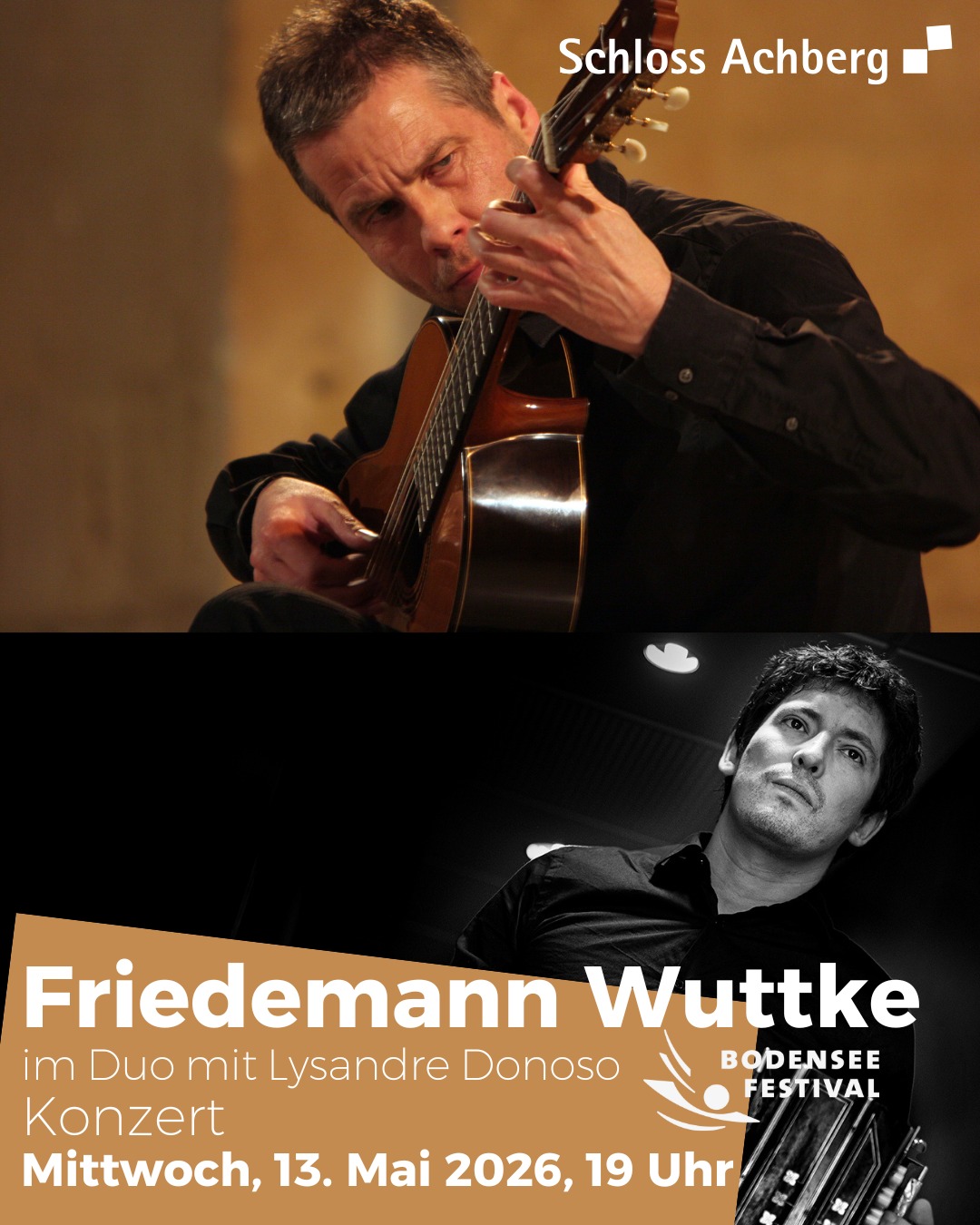 Dieser Alternativtext wurde KI-generiert: Ein Werbeflyer für ein Konzert. Er zeigt zwei Personen mit Musikinstrumenten und Informationen zu Datum und Veranstaltungsort.