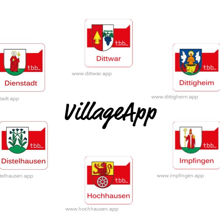 Dieser Alternativtext wurde KI-generiert: Mehrere farbige Wappen sind auf roten und weißen Rechtecken angeordnet. Darunter steht in geschwungener Schrift "VillageApp".