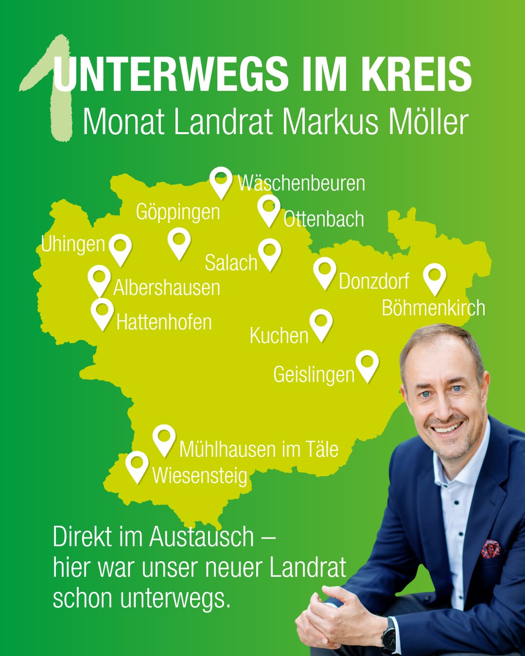 Eine farbige Grafik zeigt eine Landkarte mit Ortsangaben und Markierungen. Auf der rechten Seite ist eine Person mit Anzug zu sehen.