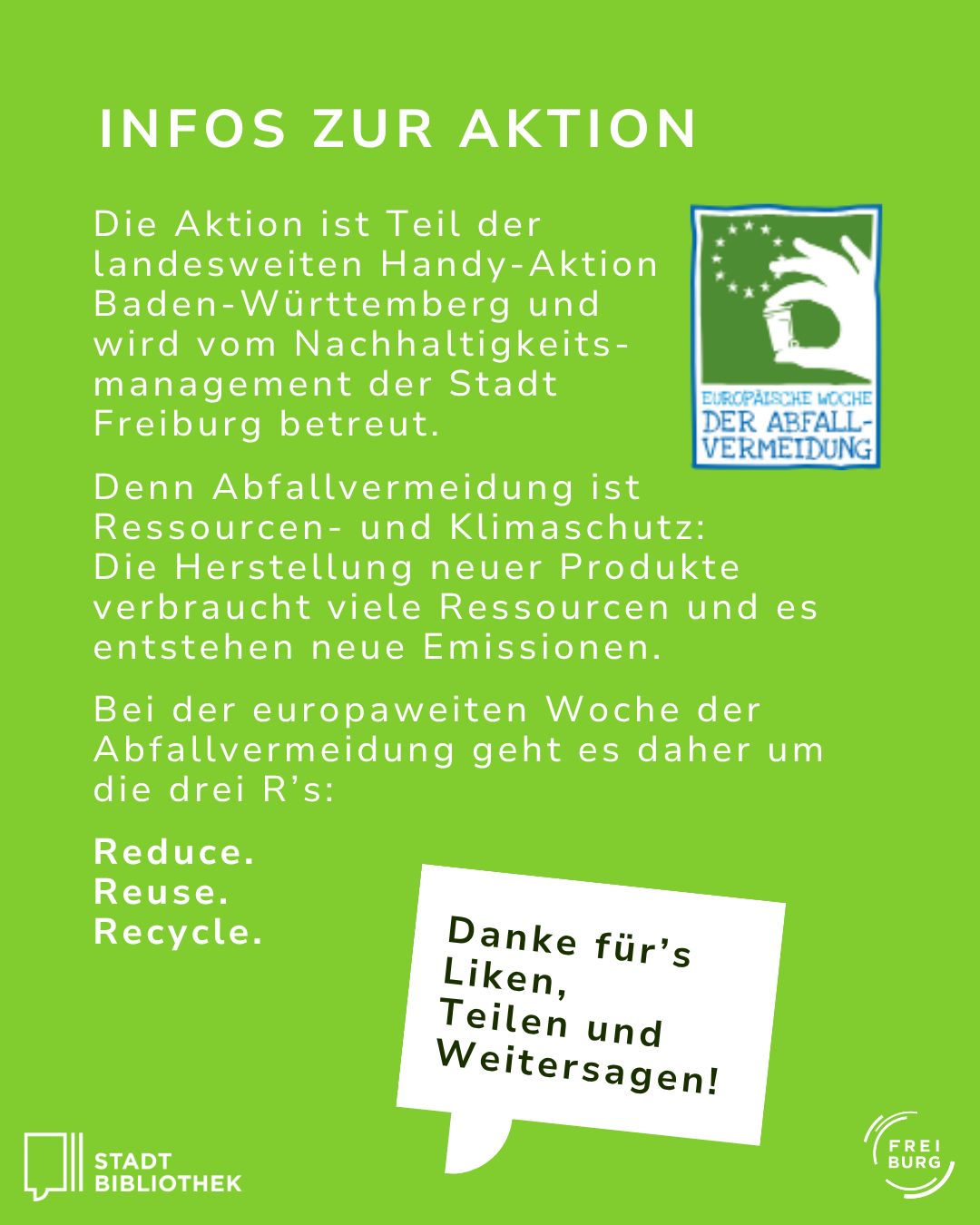Dieser Alternativtext wurde KI-generiert: Ein hellgrüner Flyer mit weißem Text und einem kleinen blauen Logo mit Sternen. Der Flyer enthält Informationen zu einer landesweiten Aktion und den drei ‚R‘s des Umweltschutzes: Reduce, Reuse, Recycle.