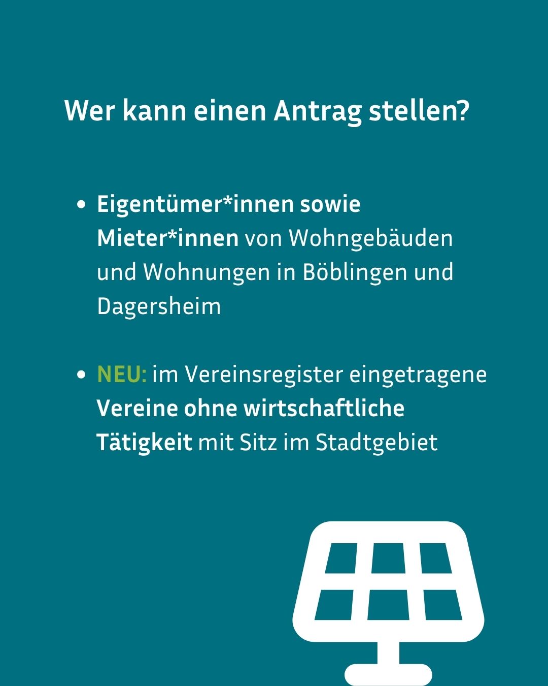 Dieser Alternativtext wurde KI-generiert: Ein dunkelblauer Hintergrund mit weißem Text, der Informationen zu Antragsberechtigten enthält. Darunter befindet sich ein Symbol, das an ein Gebäude erinnert.