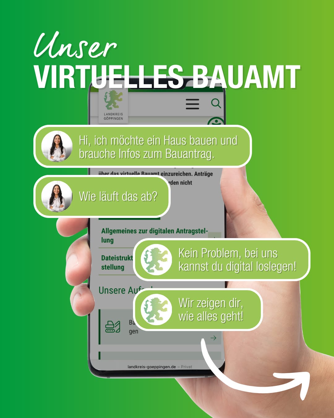 Dieser Alternativtext wurde KI-generiert: Ein Mobiltelefon zeigt eine Webseite mit Informationen zum digitalen Bauantrag. Die Webseite enthält Text und Icons, um Nutzer zu unterstützen.