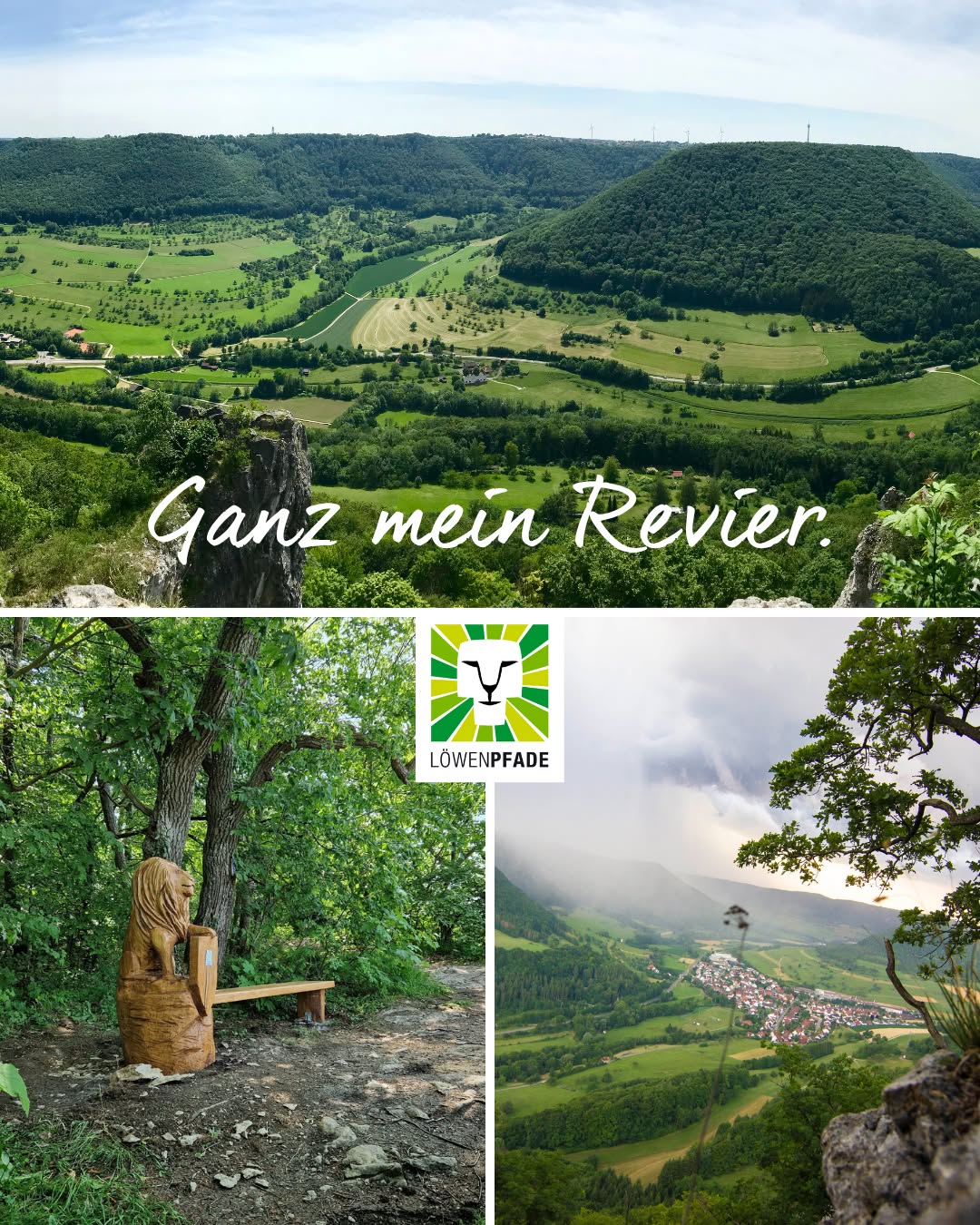 Dieser Alternativtext wurde KI-generiert: Eine Landschaftsaufnahme zeigt grüne Hügel und Täler. Das Bild ist ein Collage mit mehreren Aufnahmen, darunter eine Holzskulptur und eine Aussicht auf ein Städtchen.