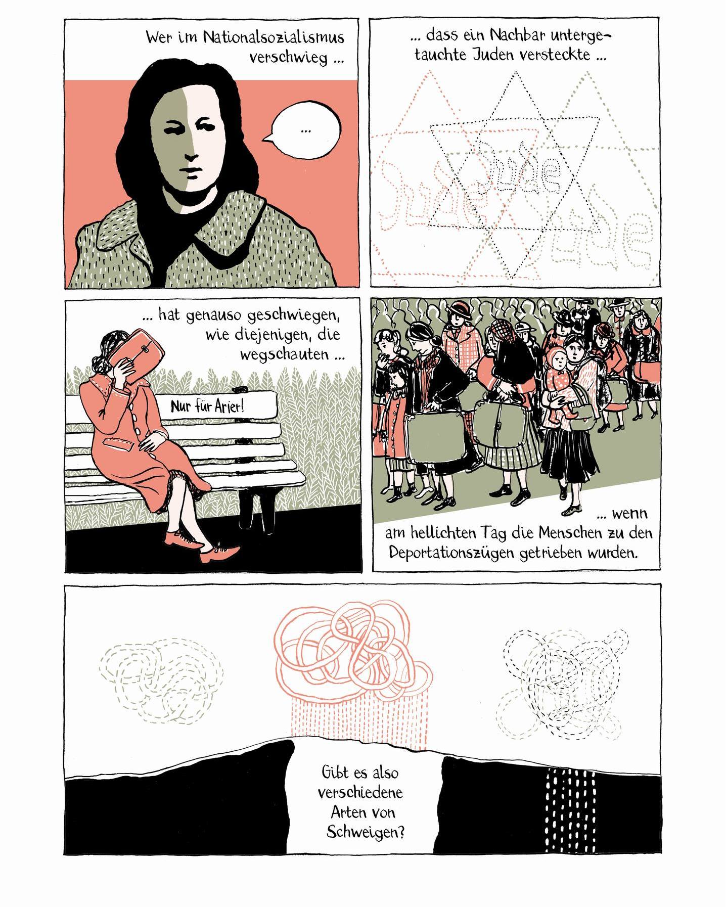 Comic mit fünf Feldern: Eine Person schweigt über Nationalsozialismus, ein Stern mit „Jude“-Aufschrift, eine sitzende Person vor einer „Nur für Arier!“-Bank, eine Menschenmenge bei Deportationen und drei verschlungene Linien mit der Frage „Gibt es also verschiedene Arten von Schweigen?“. (KI-Alternativtext)