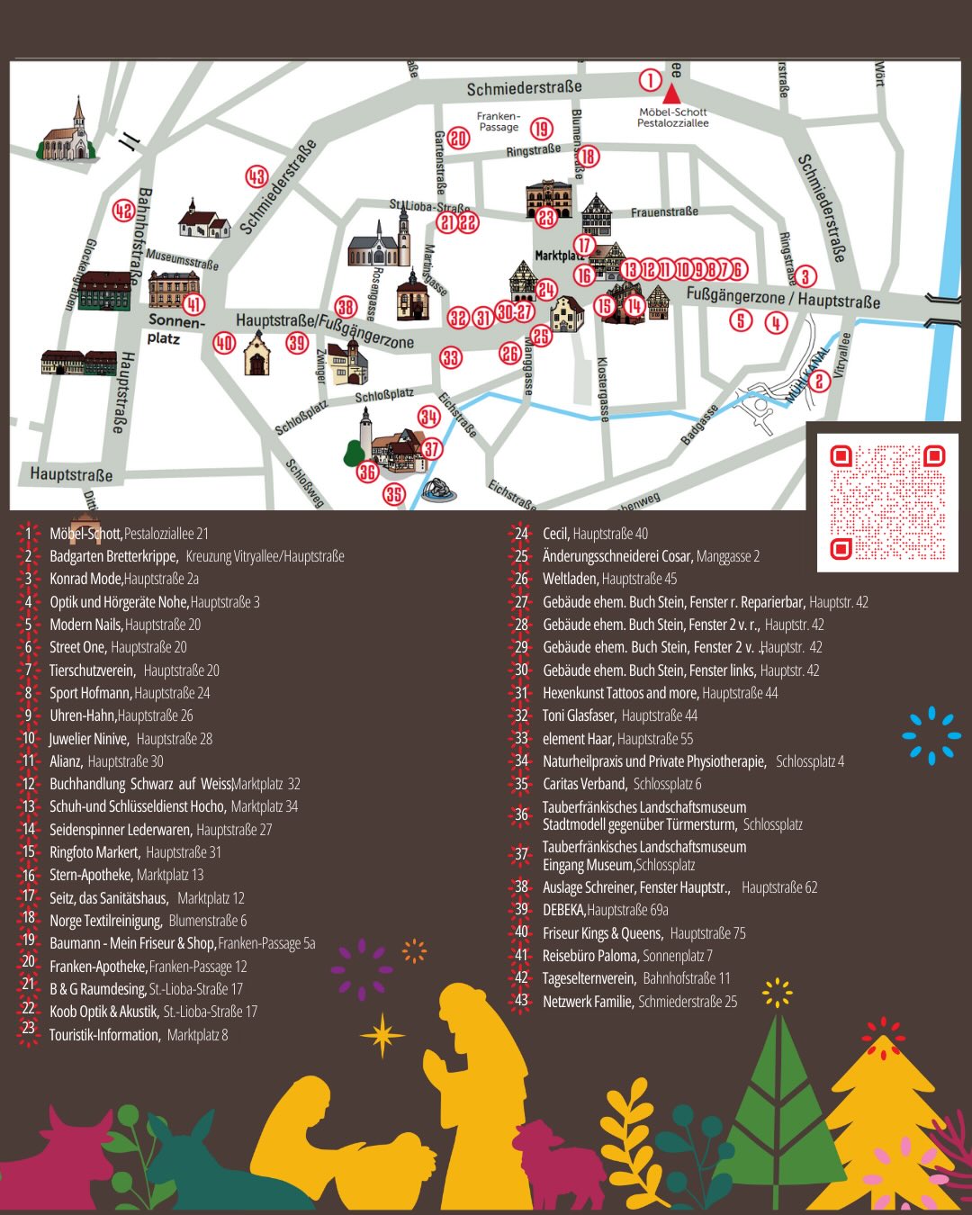 Dieser Alternativtext wurde KI-generiert: Schwarz-weiß Karte einer Stadt mit Straßenbeschriftungen und nummerierten Standorten. Die Karte zeigt einen Stadtplan mit mehreren Straßen und Gebäuden.