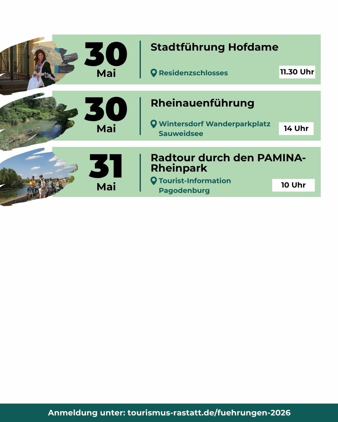 Dieser Alternativtext wurde KI-generiert: Ein Werbeflyer mit Informationen zu verschiedenen Führungen und Veranstaltungen an mehreren Tagen im Mai. Der Flyer enthält Text, Datumsangaben und kleinere Bilder von Landschaften.