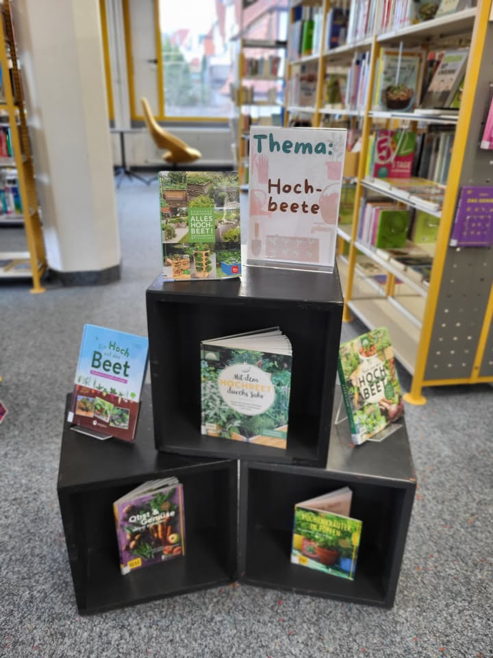 Dieser Alternativtext wurde KI-generiert: Mehrere Bücher und eine Informationstafel stehen auf dunklen Regalen in einem Innenraum. Es handelt sich um das Thema Hochbeete, erkennbar an den Buchcovern und der Beschriftung.