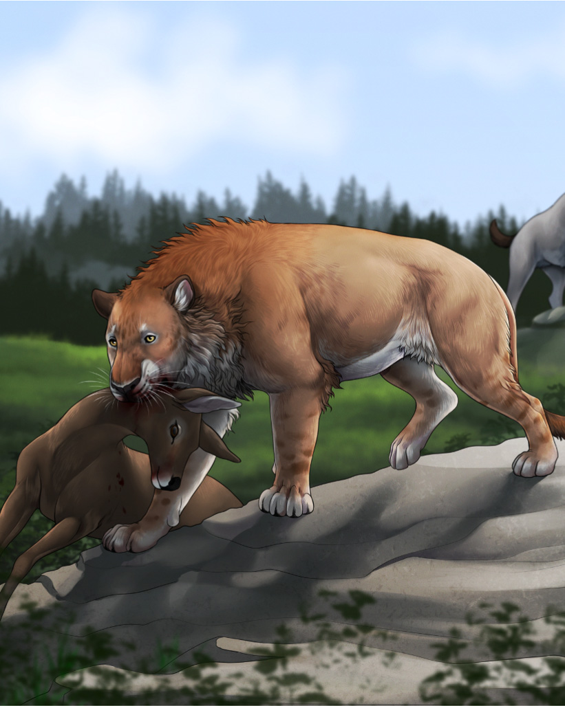 Dieser Alternativtext wurde KI-generiert: Eine digitale Illustration zeigt große, katzenartige Tiere in einer Waldlandschaft. Ein Tier greift nach einem anderen, während sich weitere im Hintergrund befinden.