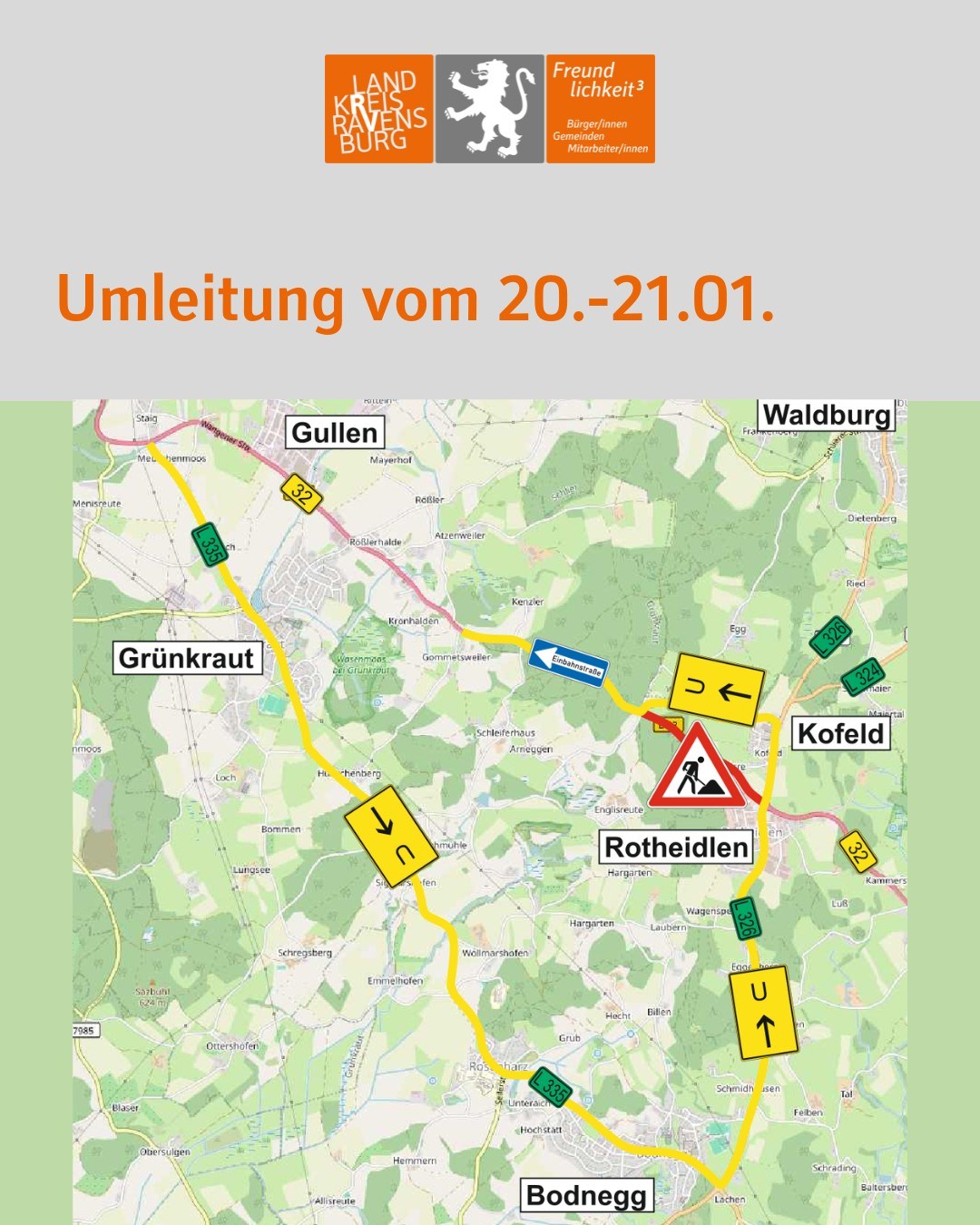 Zu sehen ist die Umleitung vom 20. bis 21. Januar.