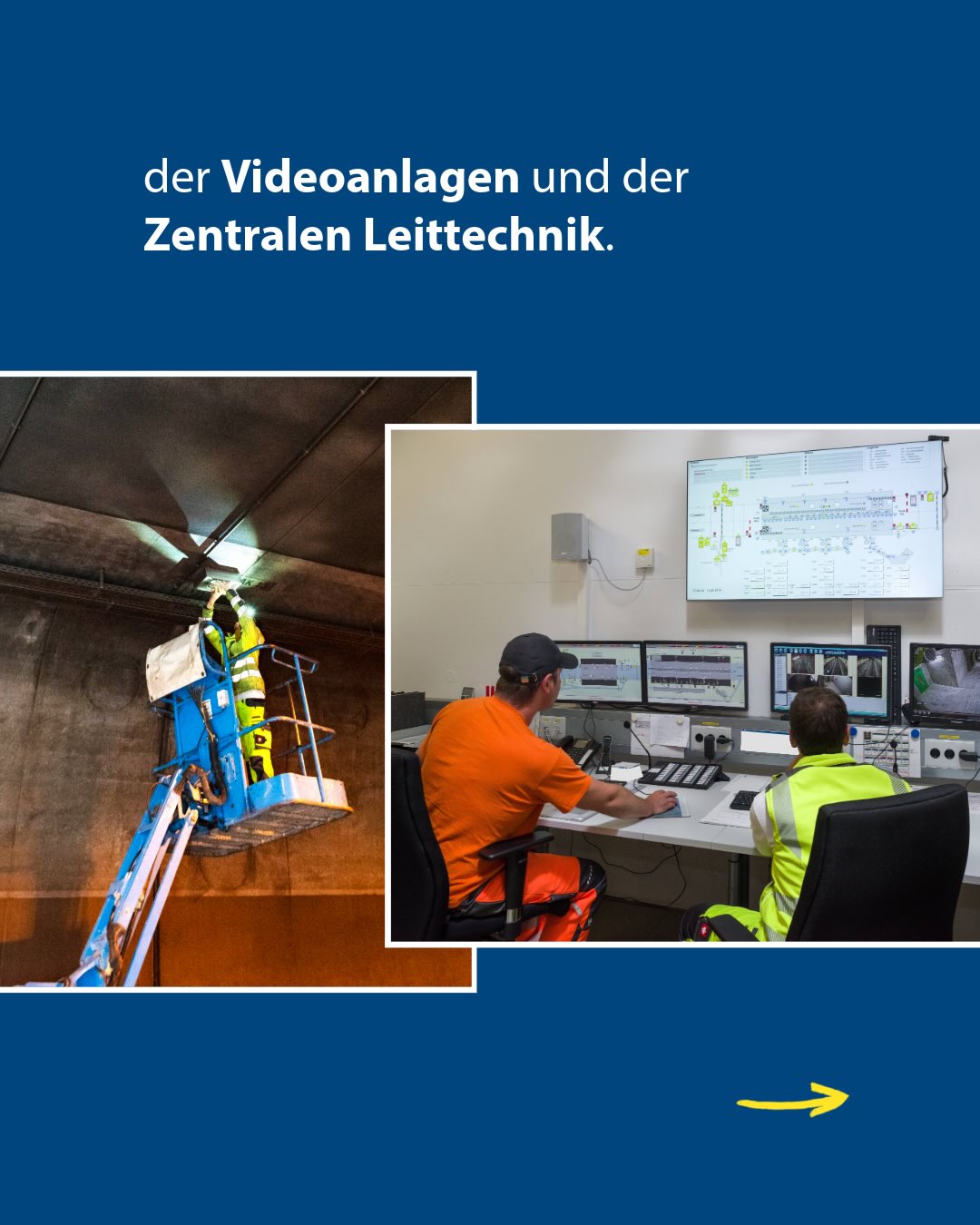 Dieser Alternativtext wurde KI-generiert: Ein Innenraum mit technischer Ausrüstung und Personen bei der Arbeit. Im Hintergrund ist ein Tunnel zu sehen, im Vordergrund ein Kontrollraum mit Bildschirmen und Bedienelementen.