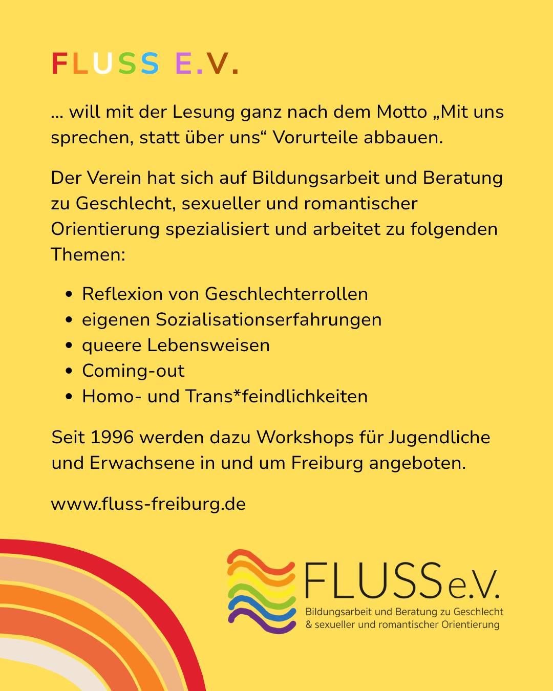 Dieser Alternativtext wurde KI-generiert: Ein farbiges Bild mit Text. Es enthält Informationen über Bildungsarbeit, Beratung und Workshops zu Themen wie Geschlecht, Sexualität und Coming-out.