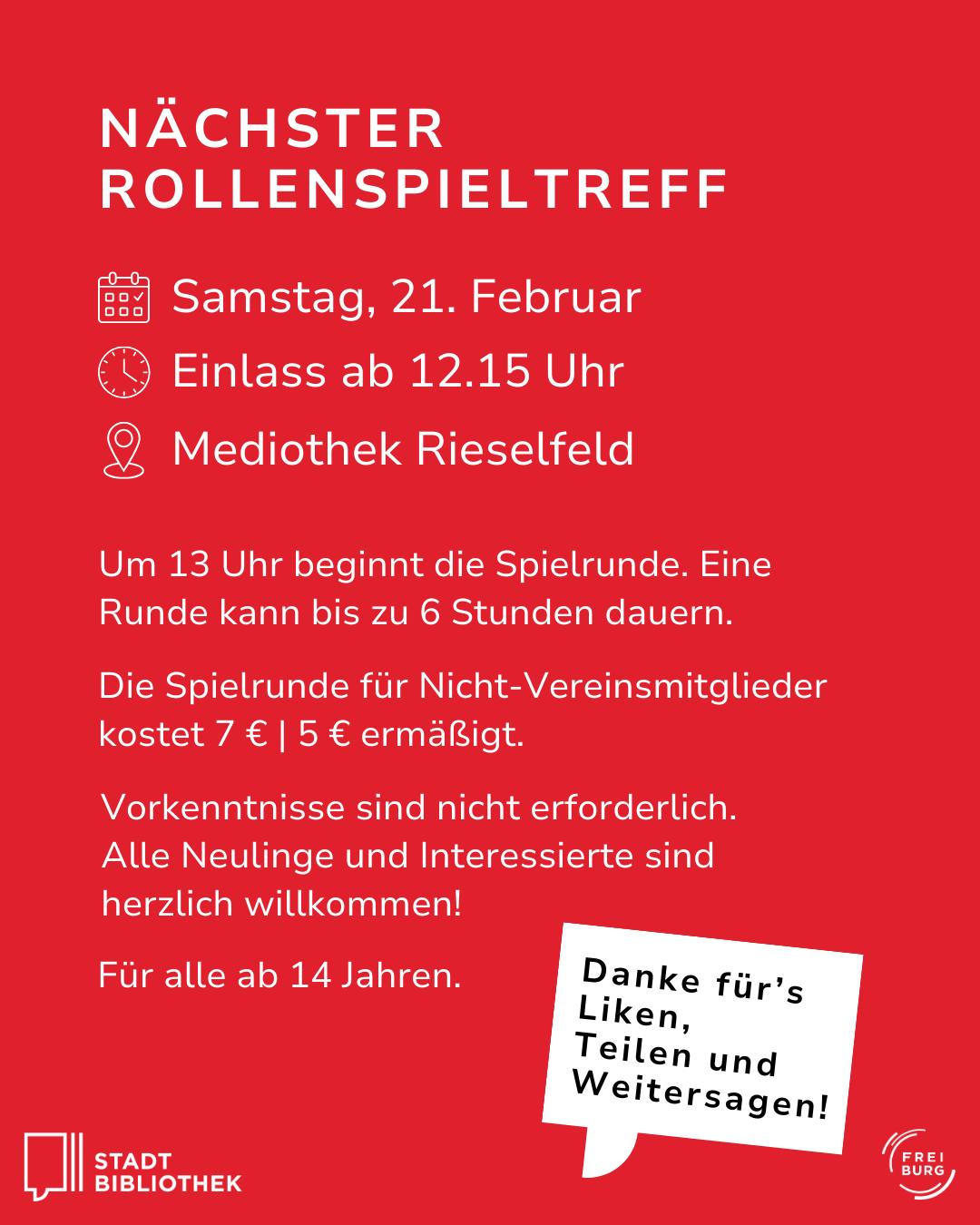 Dieser Alternativtext wurde KI-generiert: Ein roter Werbeflyer kündigt ein Rollenspieltreffen am Samstag, den 21. Februar, ab 12:15 Uhr in der Mediothek Rieselfeld an. Der Eintritt kostet 7 oder 5 Euro, Voranmeldung ist nicht erforderlich.