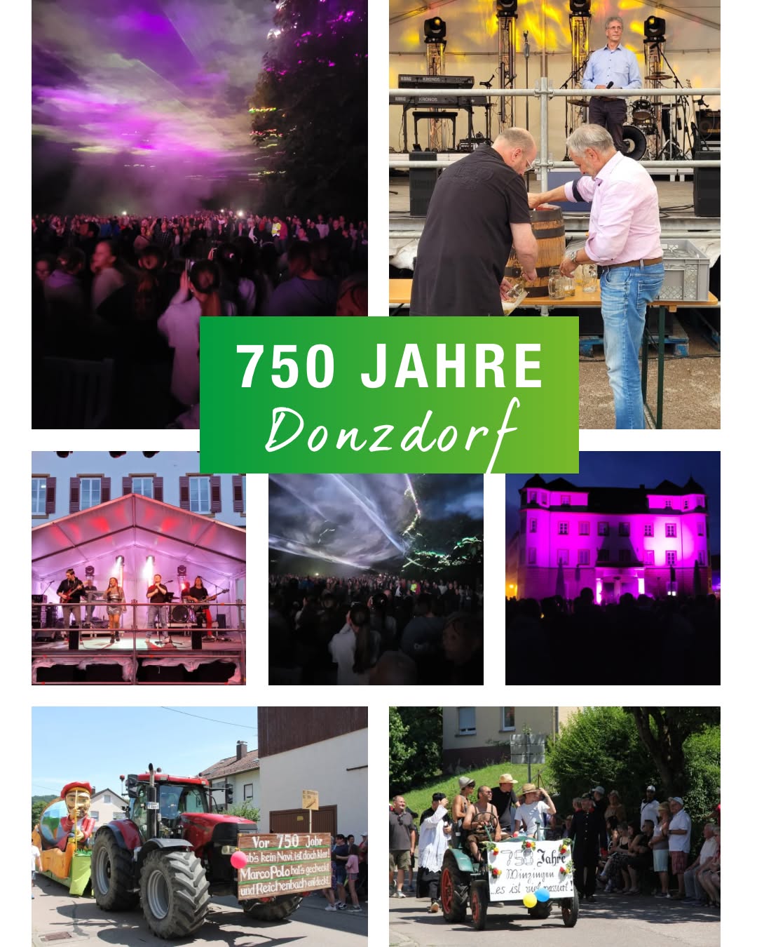 Dieser Alternativtext wurde KI-generiert: Eine Collage zeigt verschiedene Ansichten einer Feierlichkeit und des Ortes, einschließlich Bühnenauftritten, einer Parade und einer nächtlichen Beleuchtung. Ein grünes Banner mit weißer Schrift weist auf ein Jubiläum hin.