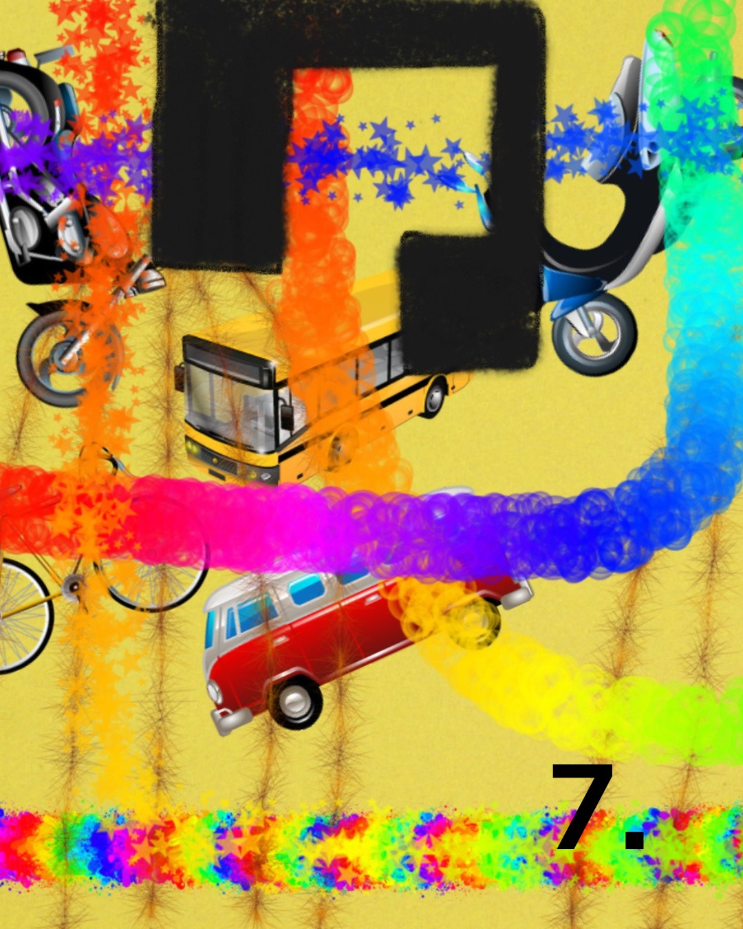 Dieser Alternativtext wurde KI-generiert: Eine farbenfrohe, digitale Kunstcollage zeigt verschiedene Fahrzeuge – Busse, Roller und Autos – eingebettet in bunte Farbspuren und Sterne. Der Hintergrund ist gelblich gefärbt, und eine große Zahl "7" ist unten rechts zu sehen.