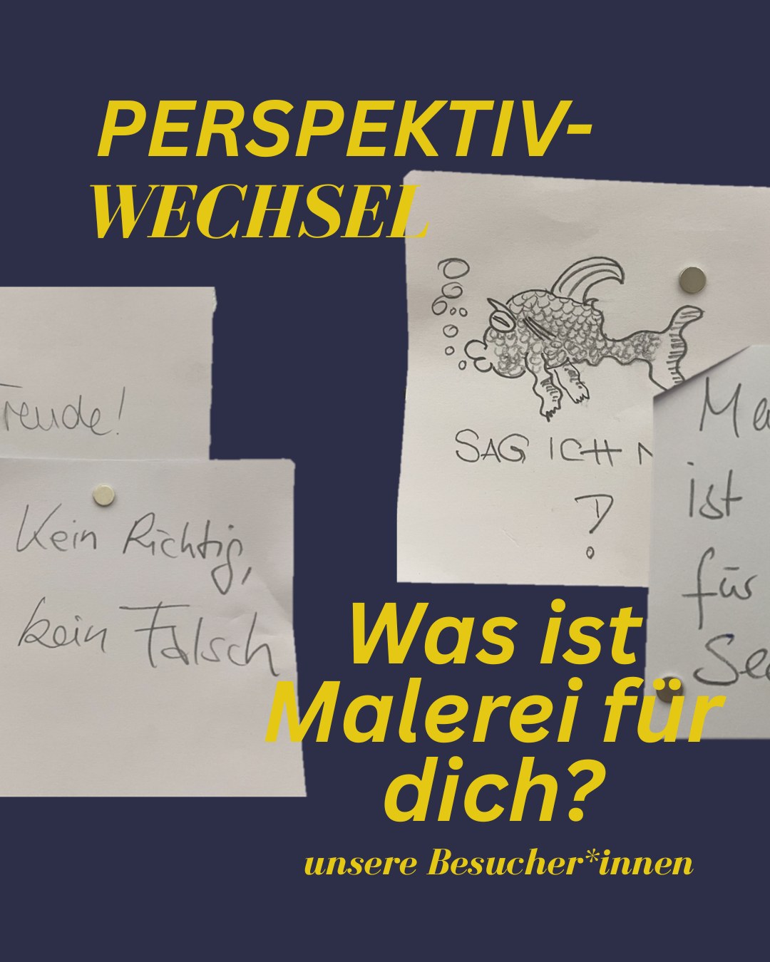 Dieser Alternativtext wurde KI-generiert: Ein farbenfrohes Bild mit Text und Skizzen. Es enthält handschriftliche Wörter und eine Zeichnung eines Ziegenbockes, die auf Papier zu sehen sind.