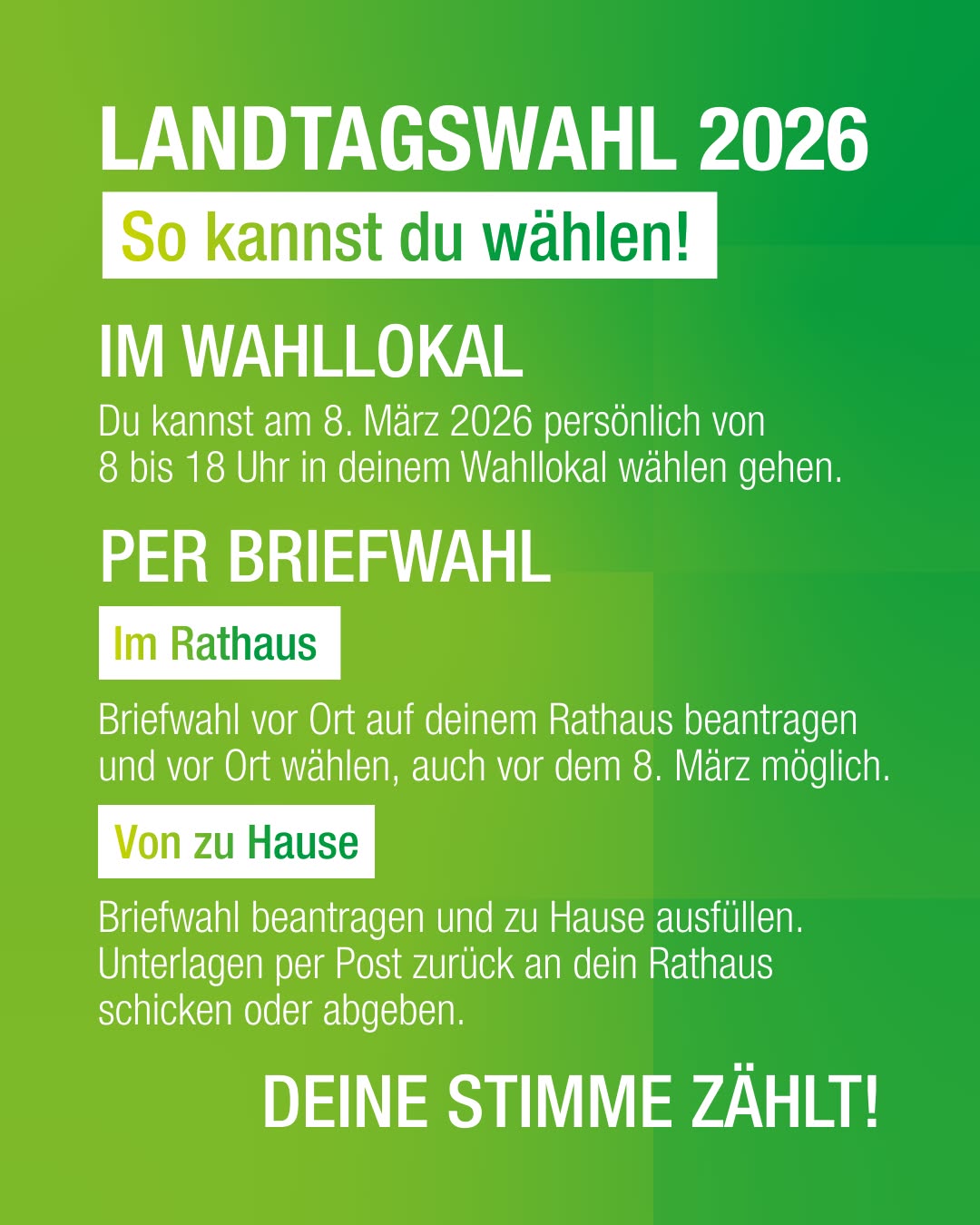 Dieser Alternativtext wurde KI-generiert: Ein farbiges Plakat informiert über die Landtagswahl 2026 und die Möglichkeiten der Stimmabgabe, sowohl im Wahllokal als auch per Briefwahl.