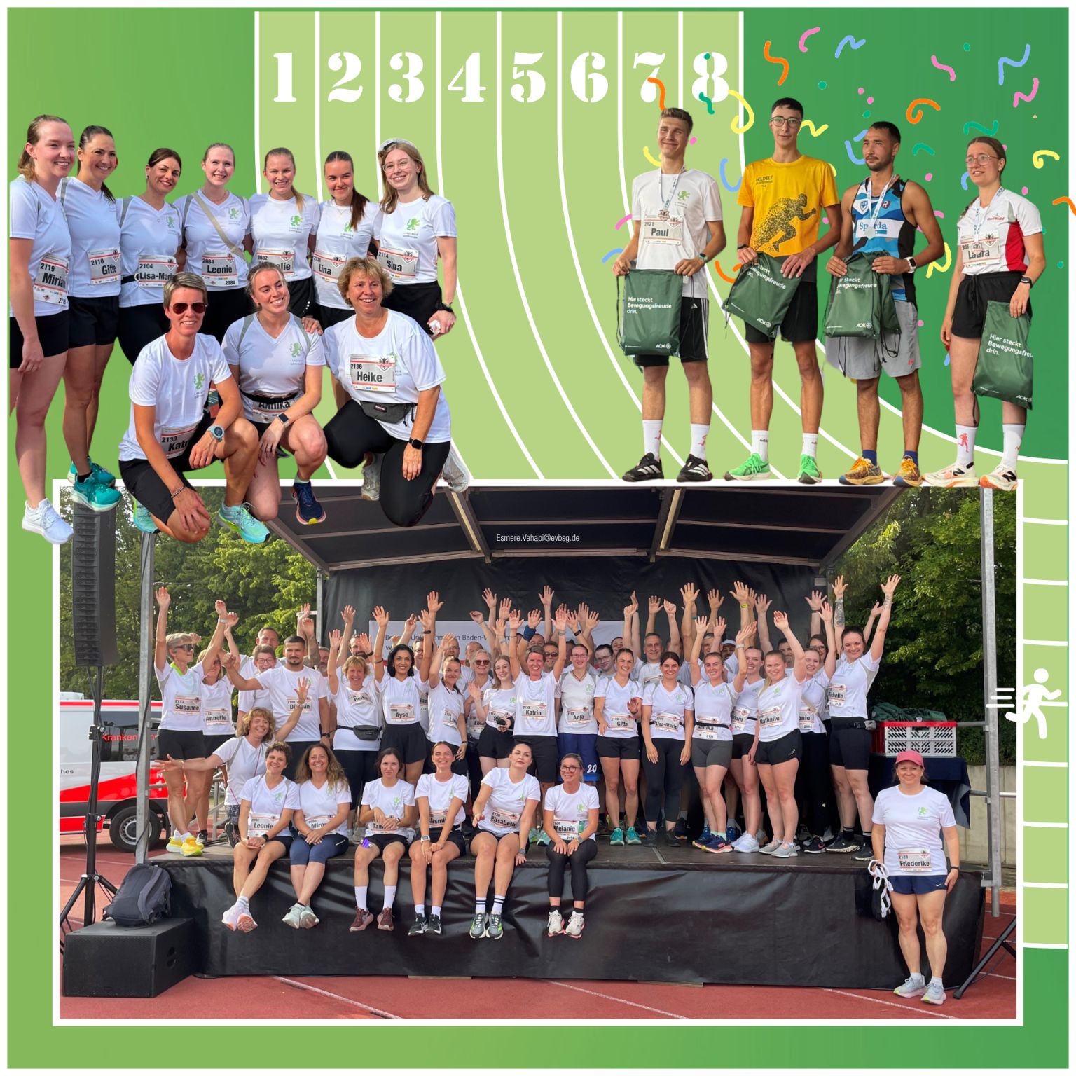 Collage aus Fotos eines Laufevents: Oben links posiert eine Gruppe von Personen in weißen T-Shirts mit Startnummern auf einer Laufbahn, während rechts vier Personen mit grünen Taschen auf einem Podium stehen, über dem die Zahlen 1 bis 8 zu sehen sind. Unten steht eine große Gruppe von Teilnehmern auf einer Bühne und winkt in die Kamera. (KI-Alternativtext)