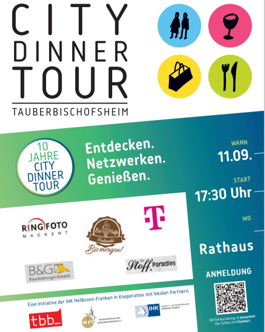 Werbeanzeige für eine Stadtführung mit Abendessen in Tauberbischofsheim. Das Plakat enthält Informationen zu Datum, Uhrzeit und Veranstaltungsort sowie Logos beteiligter Unternehmen.