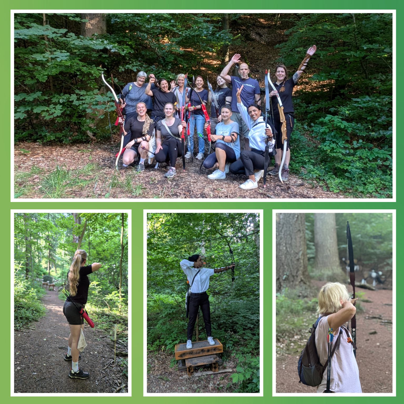 Gruppenfoto von Menschen mit Bögen im Wald, darunter drei Einzelaufnahmen von Personen beim Bogenschießen auf Waldpfaden und Zielscheiben. (KI-Alternativtext)