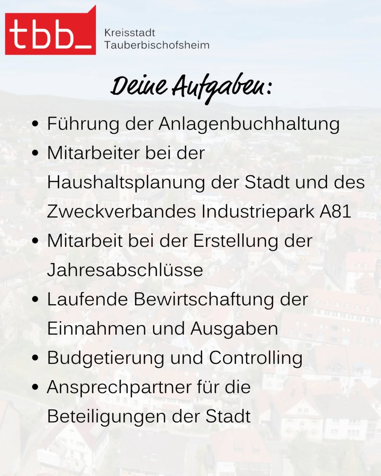 Dieser Alternativtext wurde KI-generiert: Ein Titel mit Aufzählungszeichen listet Aufgaben auf. Im Hintergrund ist eine unscharfe Aufnahme einer Stadtlandschaft zu sehen.