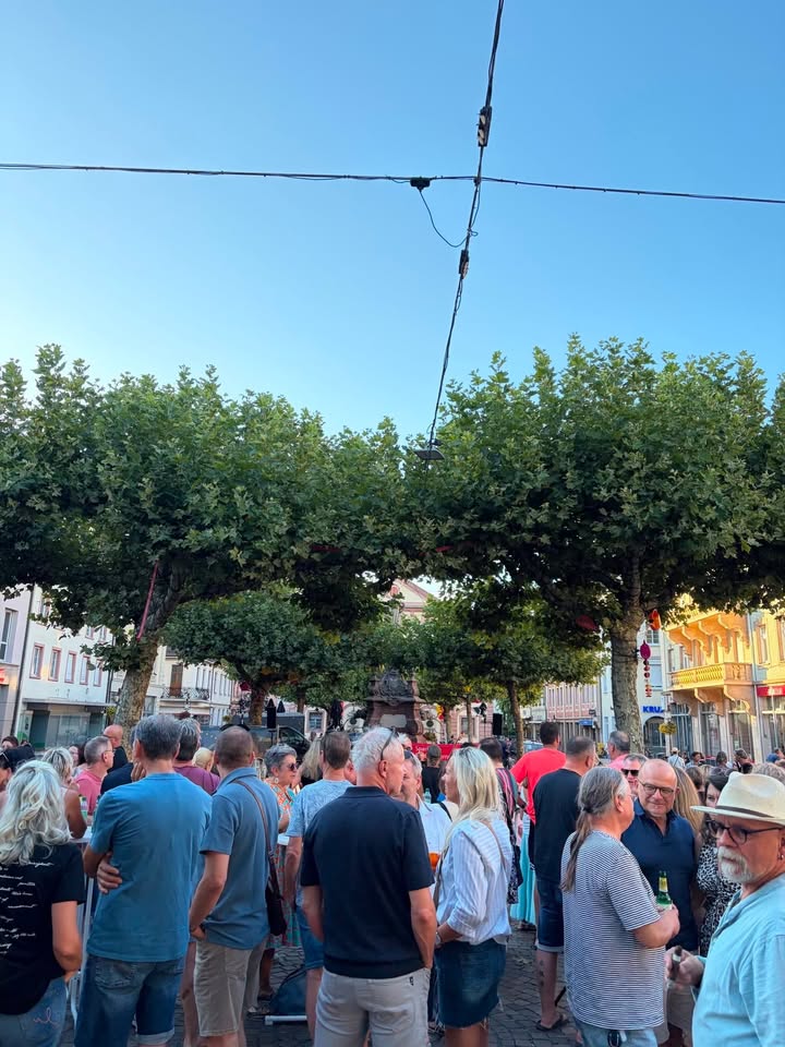 Eine große Menschenmenge versammelt sich bei Tageslicht auf einer von Bäumen gesäumten Straße, vermutlich bei einem Straßenfest. Im Vordergrund stehen mehrere Personen in Freizeitkleidung, einige unterhalten sich oder halten Getränke. Über dem Kopf verlaufen Leitungen vor einem blauen Himmel. (KI-Alternativtext)