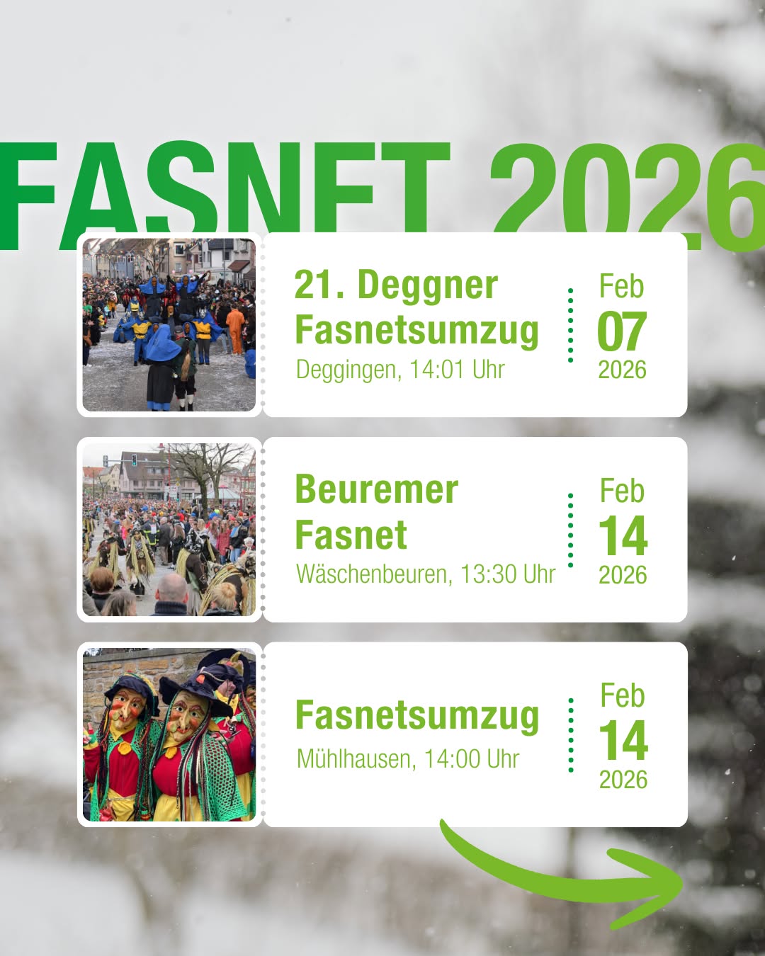 Dieser Alternativtext wurde KI-generiert: Werbeanzeige für verschiedene Karnevalsveranstaltungen im Februar 2026 mit Fotos von Umzügen und Veranstaltungen. Die Anzeige enthält Daten und Orte der jeweiligen Ereignisse.