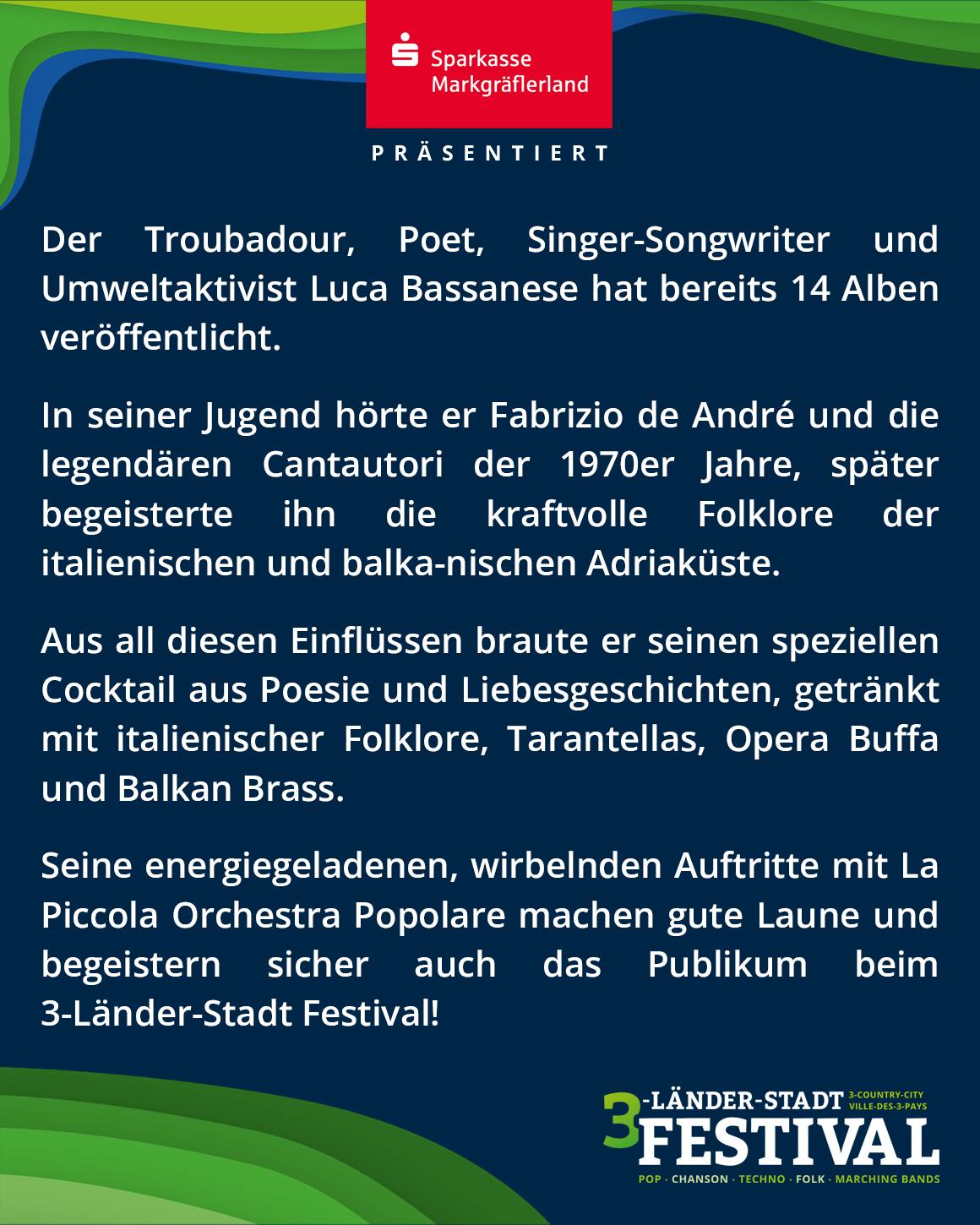 Ein Veranstaltungsplakat bewirbt das 3-Länder-Stadt-Festival. Es listet Informationen über einen Künstler und seine Einflüsse auf.