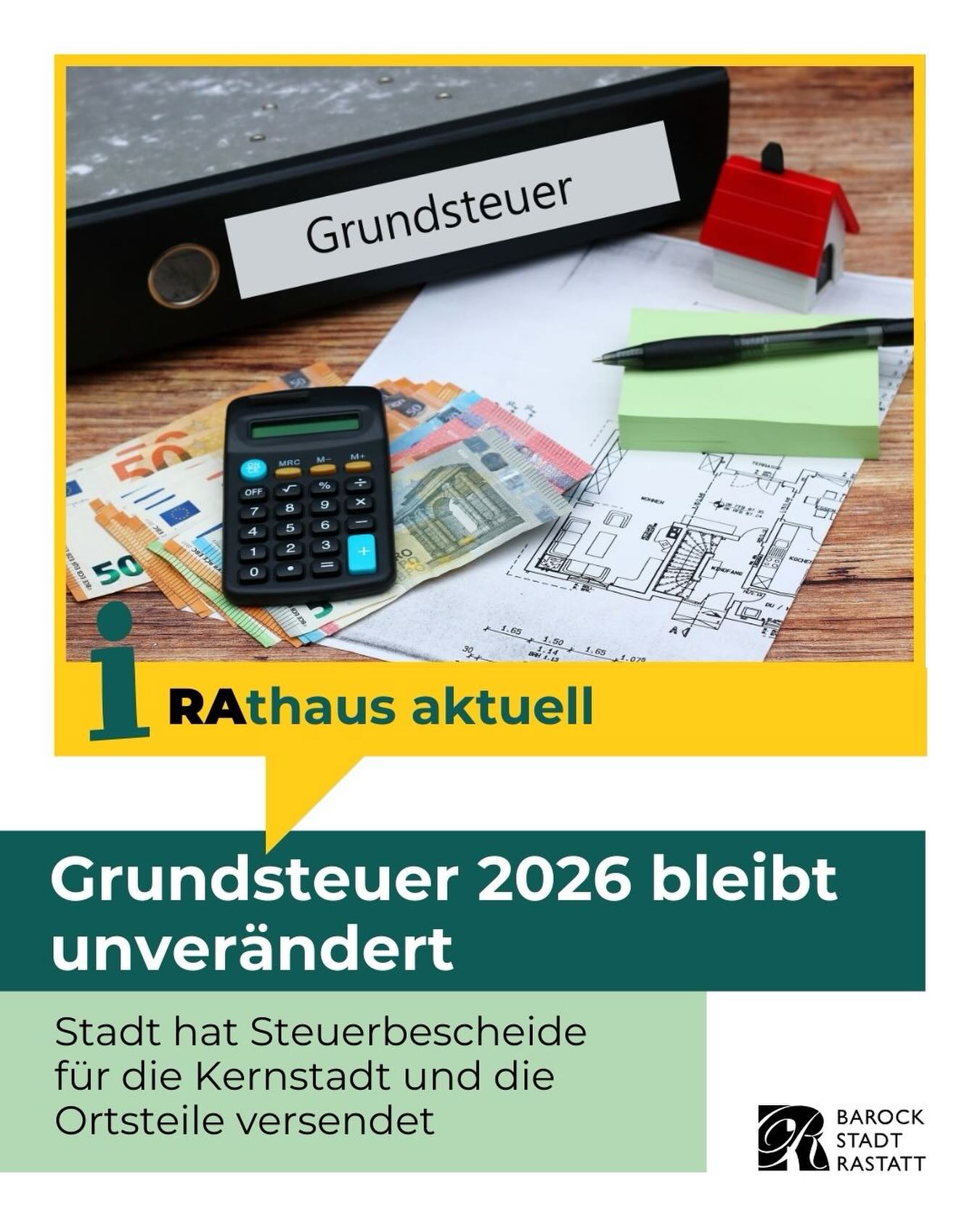 Dieser Alternativtext wurde KI-generiert: Ein Ordner mit der Aufschrift "Grundsteuer" liegt auf Dokumenten, Geld und einem Lageplan. Es handelt sich um ein farbiges Bild mit Text und Werbung zum Thema Grundsteuer.