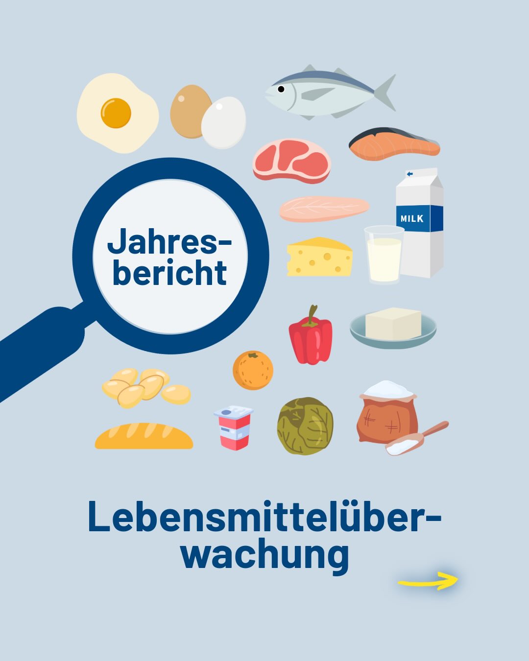 Dieser Alternativtext wurde KI-generiert: Eine Sammlung verschiedener Lebensmittel, darunter Eier, Fisch, Wurst und Gemüse, ist umgeben von Text und einem Vergrößerungsglas. Das Bild ist farbig und scheint ein Thema wie Lebensmittelüberwachung oder einen Jahresbericht zu illustrieren.