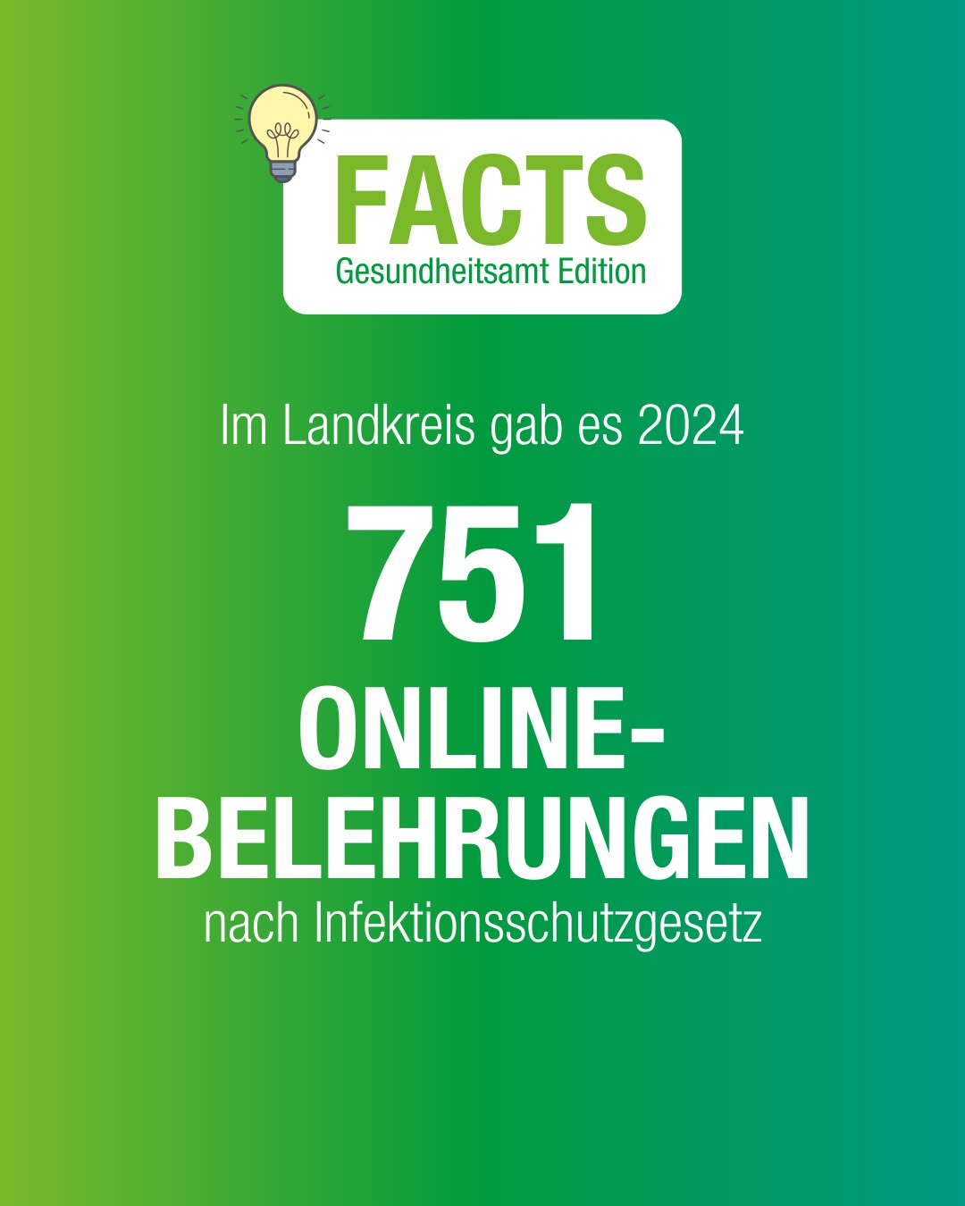 Dieser Alternativtext wurde KI-generiert: Ein farbenfrohes Bild mit Text und einer Glühbirne. Es zeigt eine grosse Zahl und Informationen zu Online-Belehrungen nach Infektionsschutzgesetz.