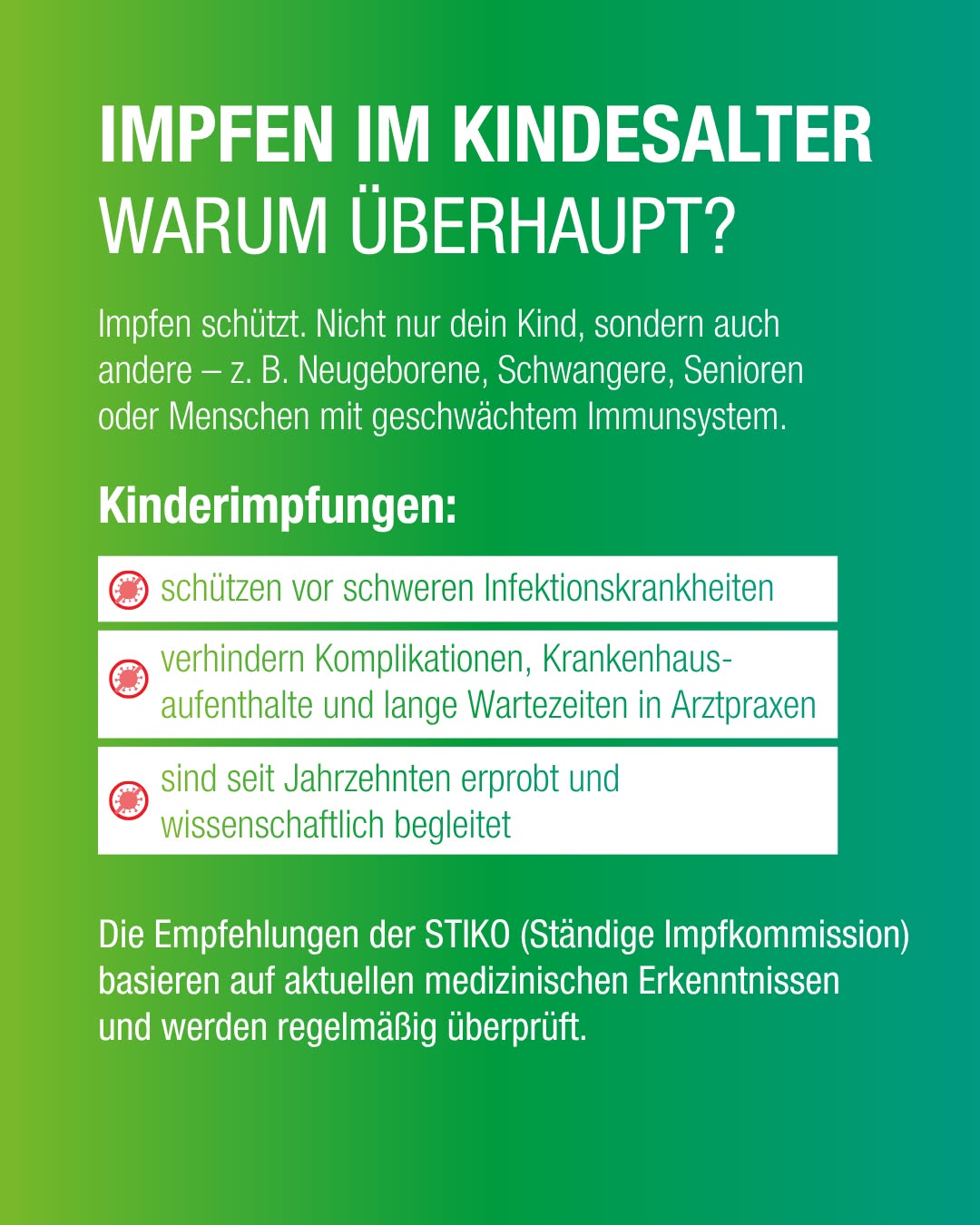 Dieser Alternativtext wurde KI-generiert: Ein farbiges Plakat mit Informationen zur Kinderimpfung. Es werden Gründe für Impfungen genannt und auf Empfehlungen der STIKO hingewiesen.