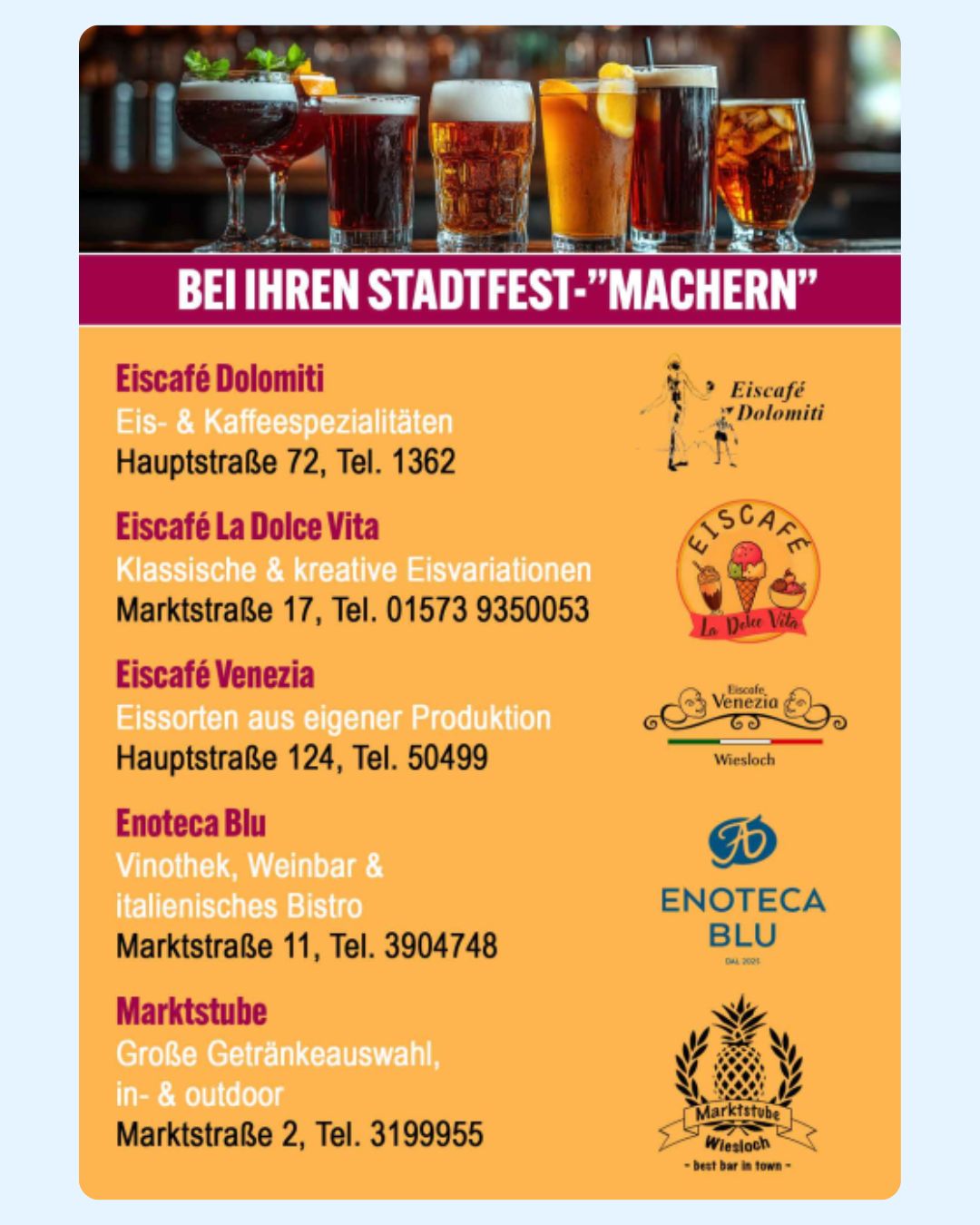 Oben ein Foto von mehreren Getränken auf einer Theke, darunter eine Liste mit fünf Lokalen in Wiesloch für das Stadtfest „Machern“, inklusive Namen, Angeboten, Adressen und Telefonnummern sowie jeweiligen Logos. (KI-Alternativtext)