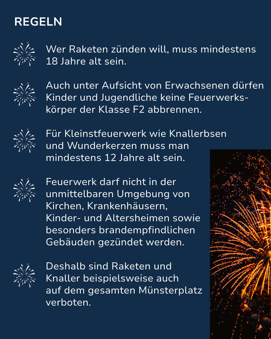 Dieser Alternativtext wurde KI-generiert: Ein blaugrüner Hintergrund mit weißen Feuerwerkskörpern und Text, der Regeln für den Umgang mit Feuerwerk erklärt. Der Text behandelt Altersbeschränkungen und Sicherheitsvorkehrungen.