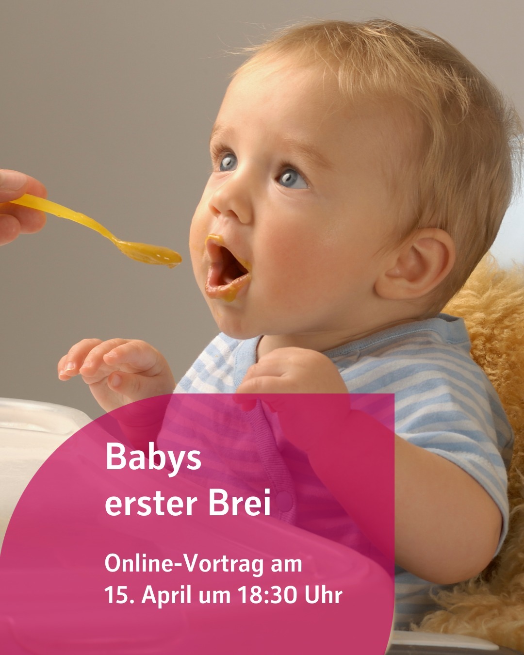 Zu sehen ist ein Baby, welches gerade Brei isst. Bildtext: Babys erster Brei
Online-Vortrag am
15. April um 18:30 Uhr