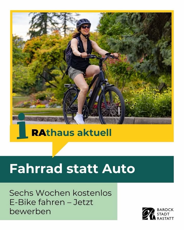 Dieser Alternativtext wurde KI-generiert: Eine Person fährt auf einem Fahrrad im Freien. Das Bild ist Teil einer Werbekampagne für das Fahrradfahren anstelle des Autos.