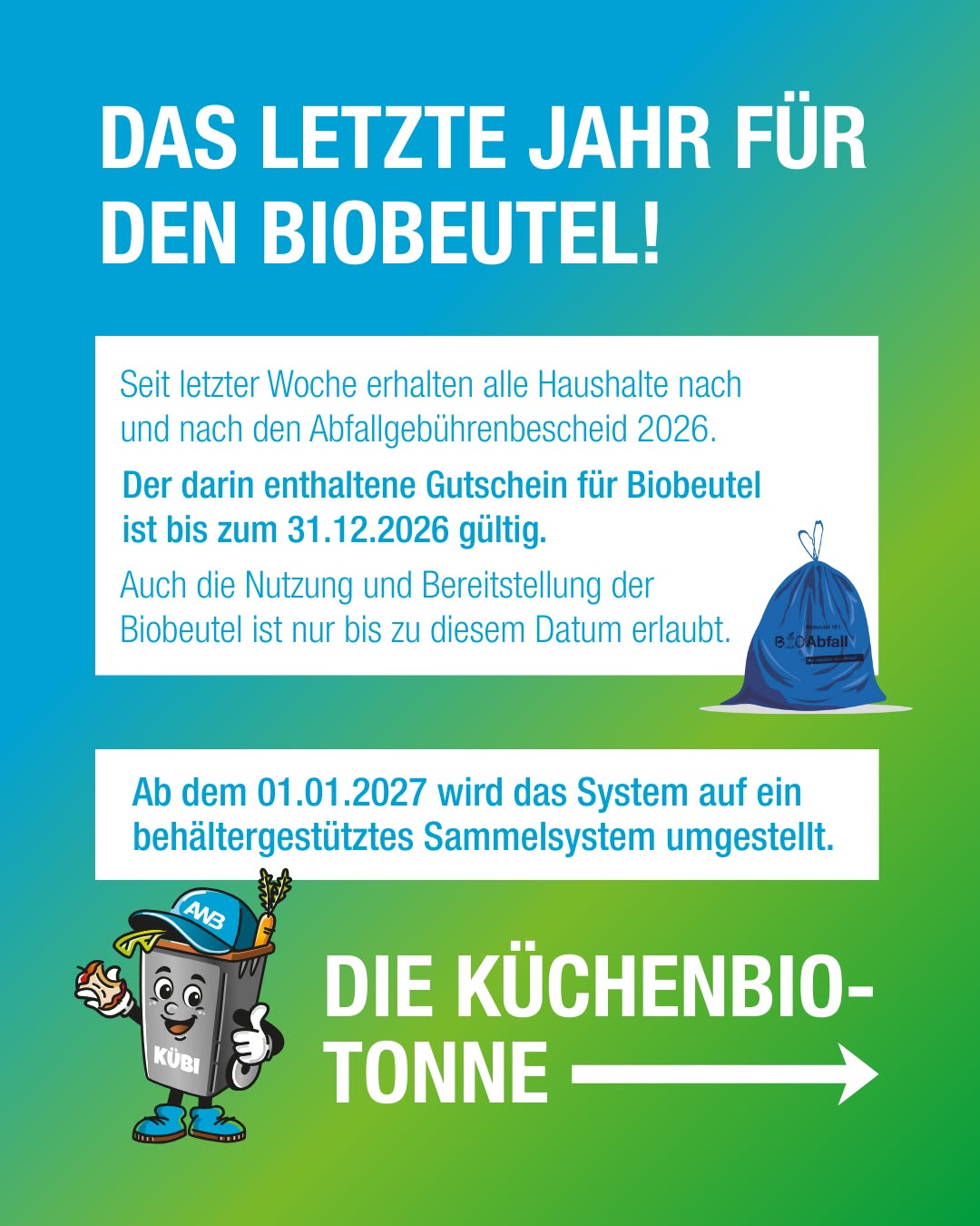 Dieser Alternativtext wurde KI-generiert: Farbiger Werbeflyer mit Informationen zur Umstellung der Mülltonnen. Der Flyer enthält Texte, Illustrationen und Hinweise zu Fristen für die Nutzung von Biobeuteln.
