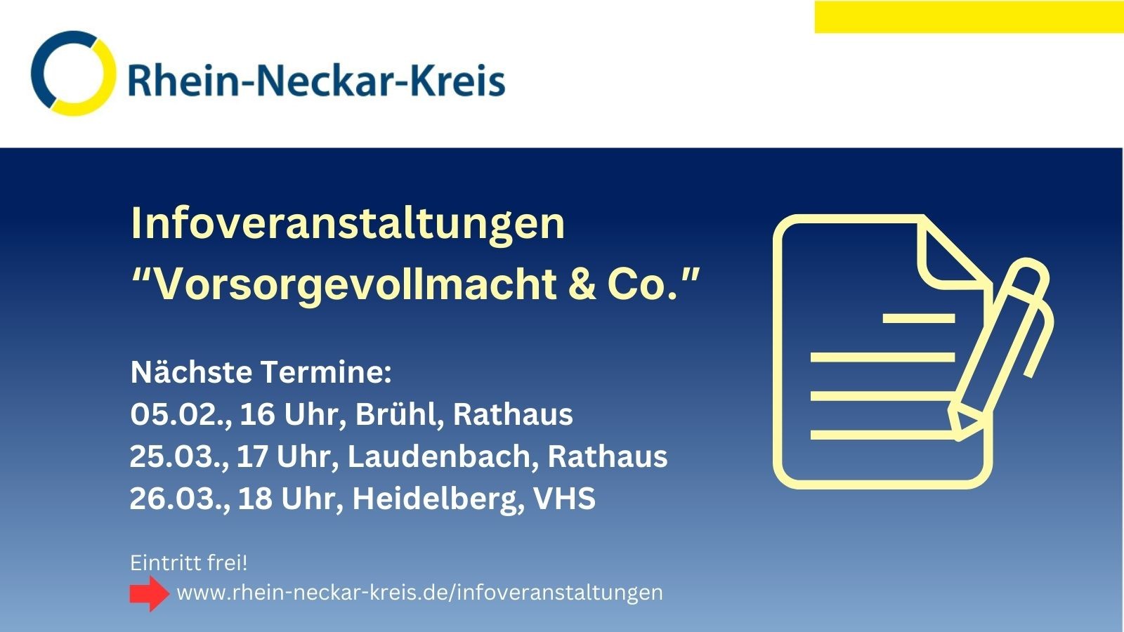 Dieser Alternativtext wurde KI-generiert: Ein blau-gelber Werbeflyer kündigt Informationsveranstaltungen zum Thema Vorsorgevollmacht an, mit Terminen und Veranstaltungsorten. Ein Stift auf einem Notizblock illustriert das Thema.