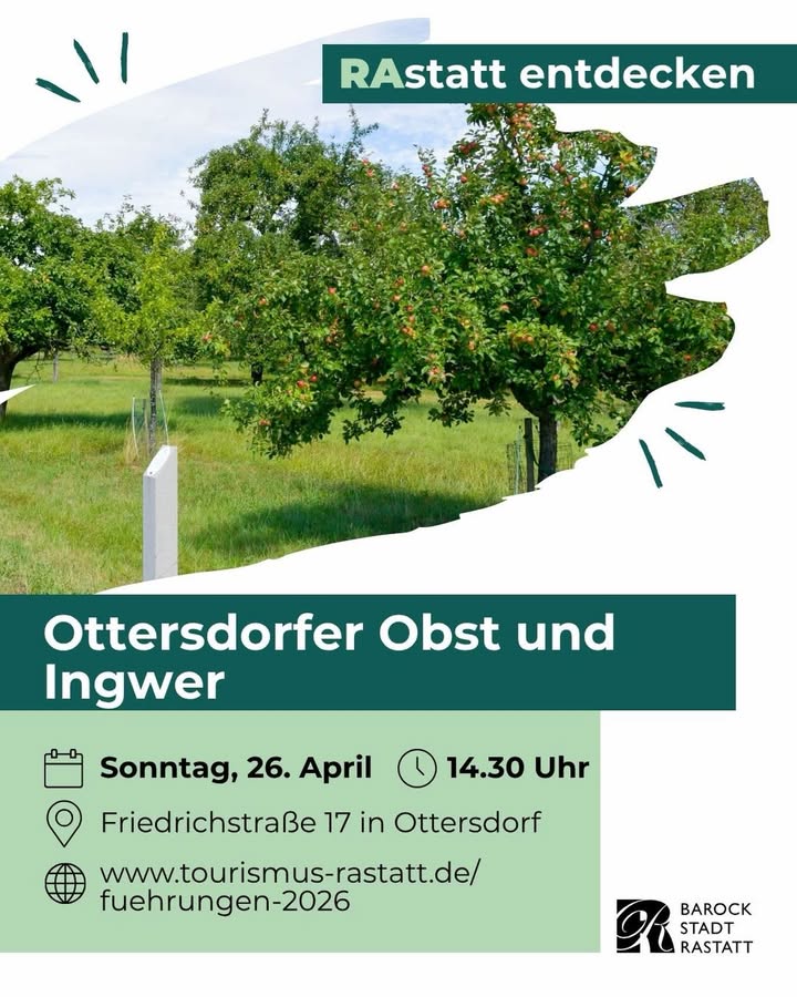 Dieser Alternativtext wurde KI-generiert: Werbeanzeige mit einem Foto von Obstbäumen und Wiesen. Darunter stehen Informationen zu einer Veranstaltung mit Datum, Uhrzeit und Ort.