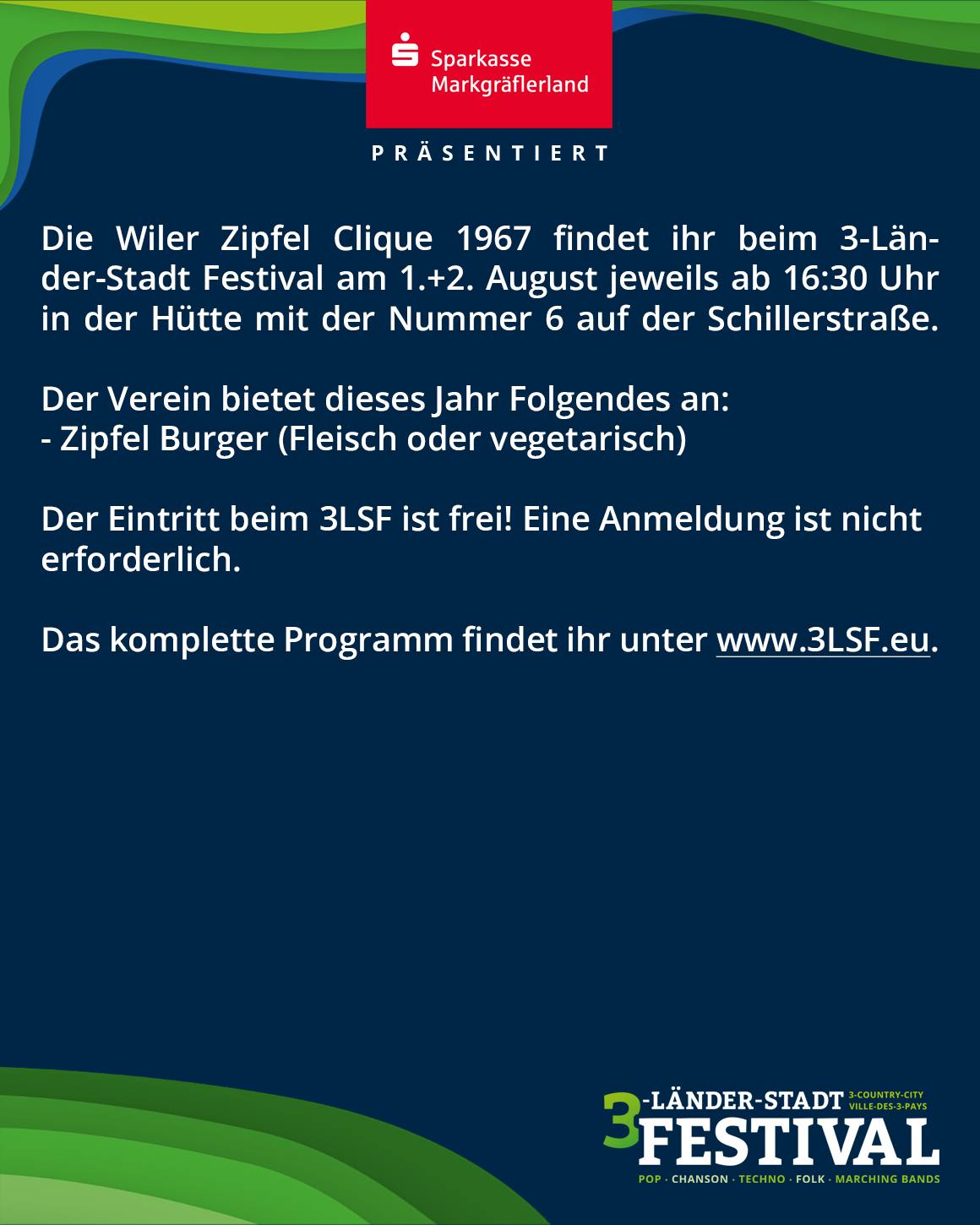 Eine Veranstaltungsankündigung für ein Festival, das von einer Sparkasse präsentiert wird. Das Festival findet im August statt und bietet Speisen an.