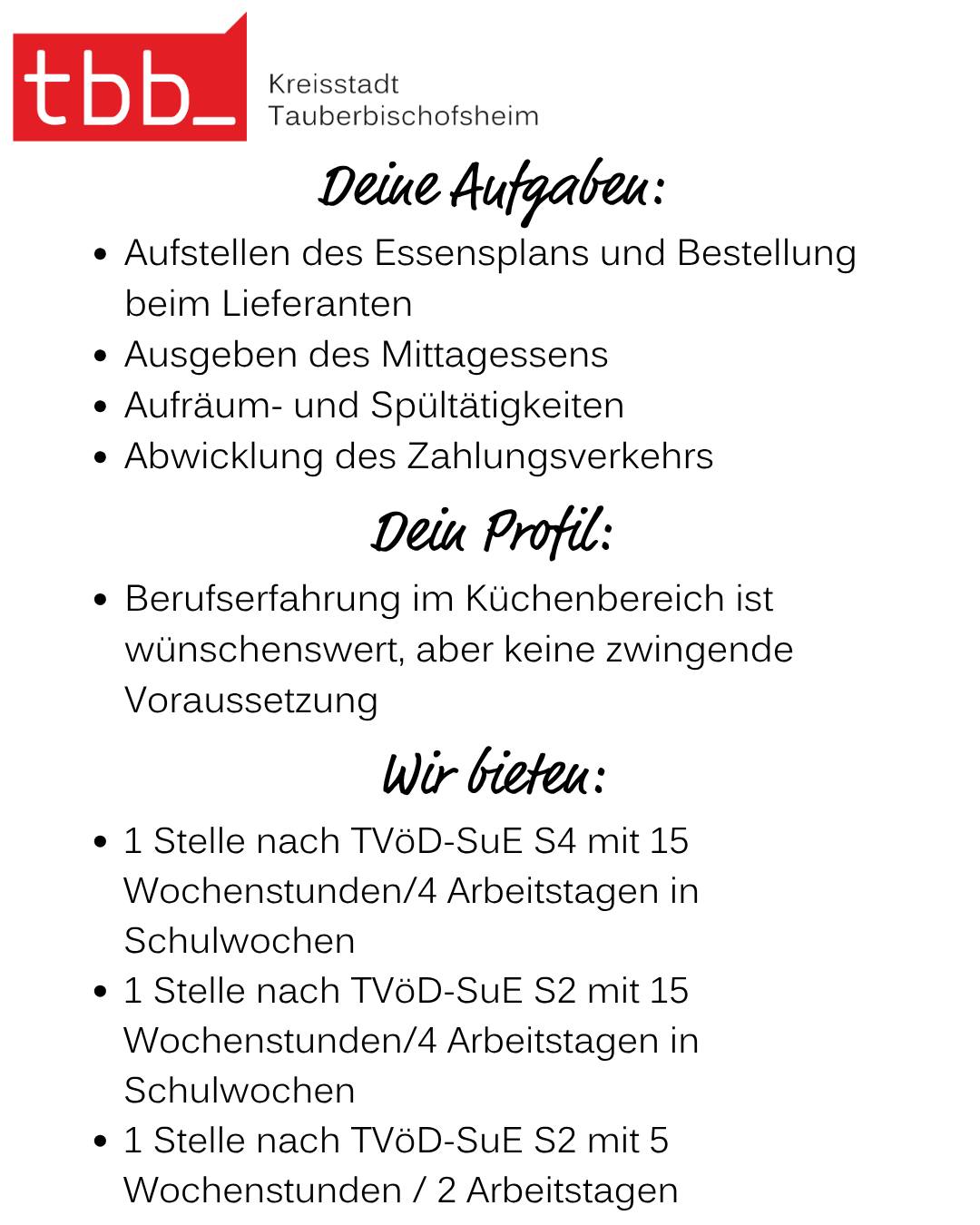 Dieser Alternativtext wurde KI-generiert: Schwarz-weißes Dokument mit Text über Aufgaben und Anforderungen für eine Stelle. Es werden verschiedene Arbeitszeitmodelle und Qualifikationen aufgeführt.