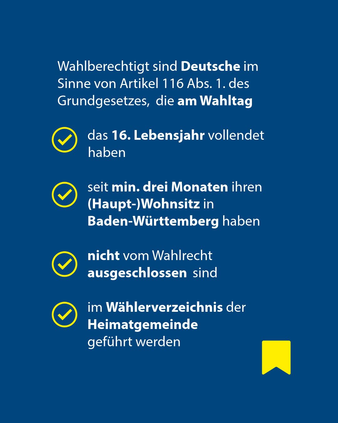Dieser Alternativtext wurde KI-generiert: Einfarbiges blaues Bild mit Text und Checklisten-Symbolen. Der Text listet Voraussetzungen für das Wahlrecht auf.